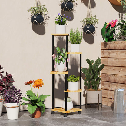 5-Tier Plant Stand for Indoor and Outdoor, Plant Shelf with 4 Wheels, Steel and Wood Plant Holder for Garden, Patio, Balcony, Living Room, Natural Wood