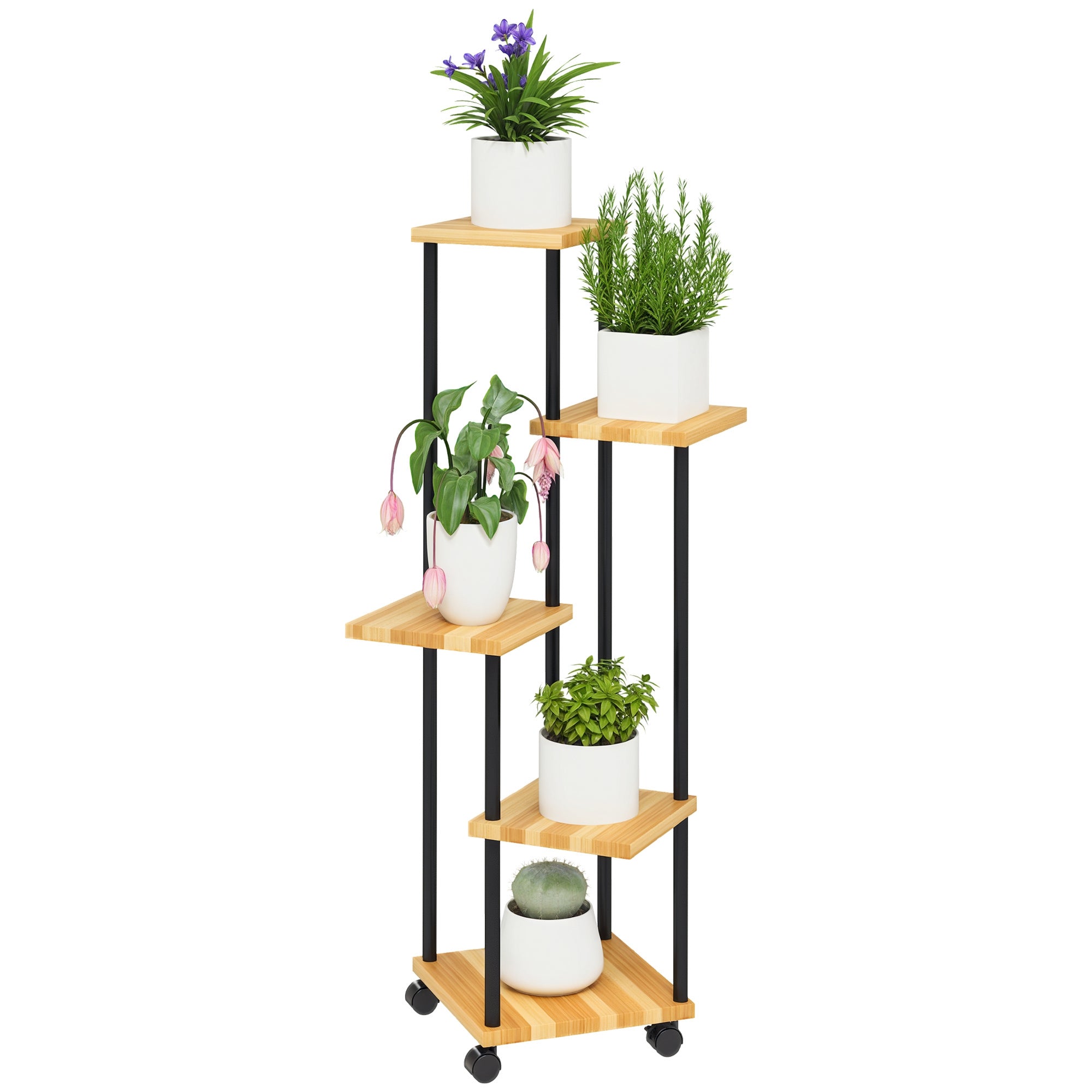 5-Tier Plant Stand for Indoor and Outdoor, Plant Shelf with 4 Wheels, Steel and Wood Plant Holder for Garden, Patio, Balcony, Living Room, Natural Wood