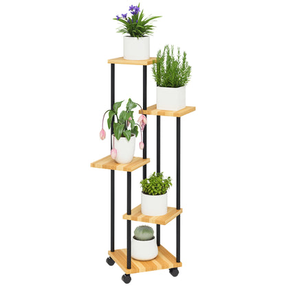 5-Tier Plant Stand for Indoor and Outdoor, Plant Shelf with 4 Wheels, Steel and Wood Plant Holder for Garden, Patio, Balcony, Living Room, Natural Wood