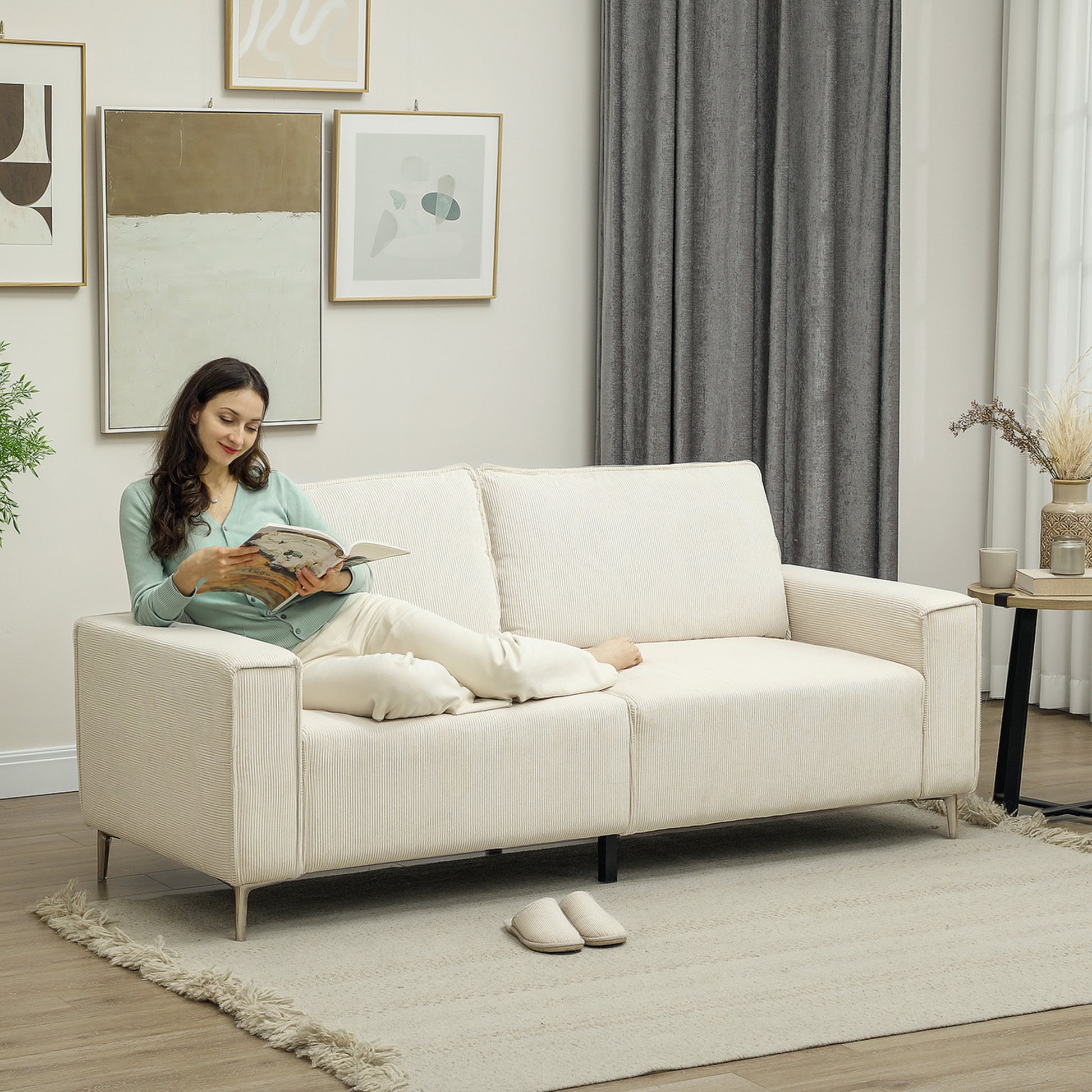 3-Seater Sofa, Couch with Armrests, Back Cushions, Living Room Sofa with Corduroy Upholstery, Spring Core, Thickly Padded Couch for Living Room, Bedroom 193 x 77 x 80 cm, Cream White