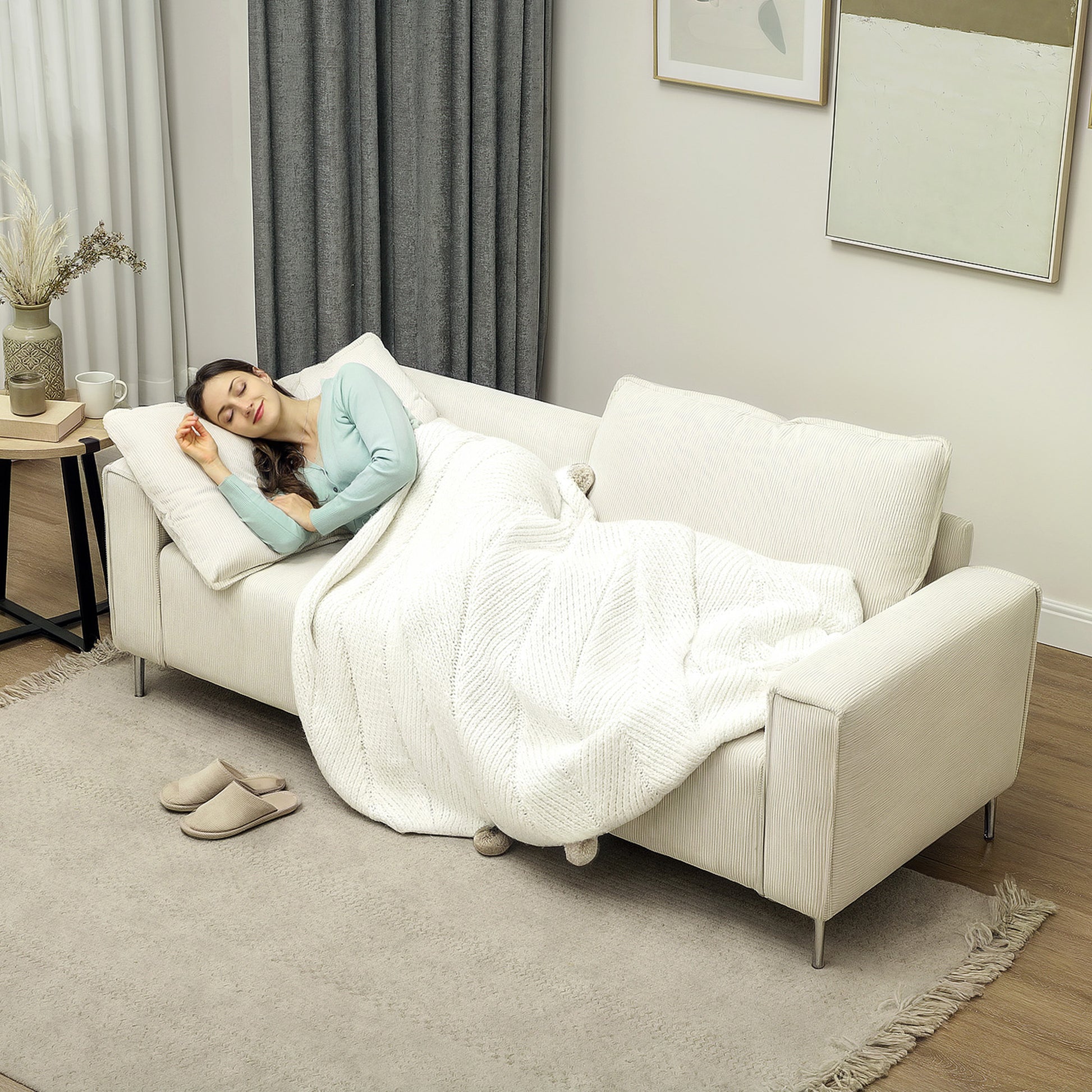 3-Seater Sofa, Couch with Armrests, Back Cushions, Living Room Sofa with Corduroy Upholstery, Spring Core, Thickly Padded Couch for Living Room, Bedroom 193 x 77 x 80 cm, Cream White
