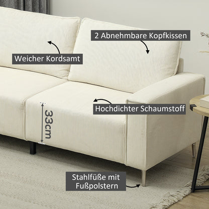 3-Seater Sofa, Couch with Armrests, Back Cushions, Living Room Sofa with Corduroy Upholstery, Spring Core, Thickly Padded Couch for Living Room, Bedroom 193 x 77 x 80 cm, Cream White