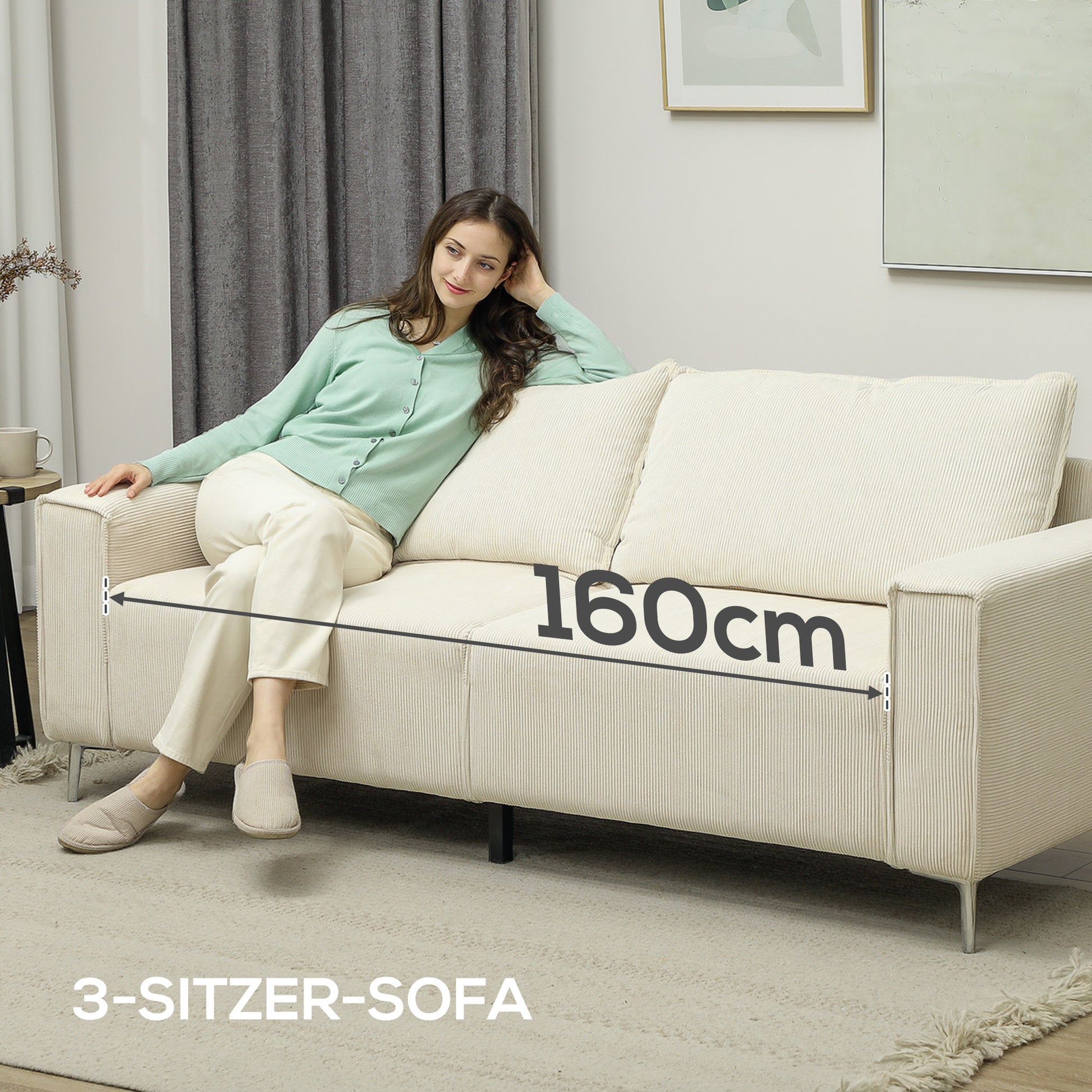 3-Seater Sofa, Couch with Armrests, Back Cushions, Living Room Sofa with Corduroy Upholstery, Spring Core, Thickly Padded Couch for Living Room, Bedroom 193 x 77 x 80 cm, Cream White