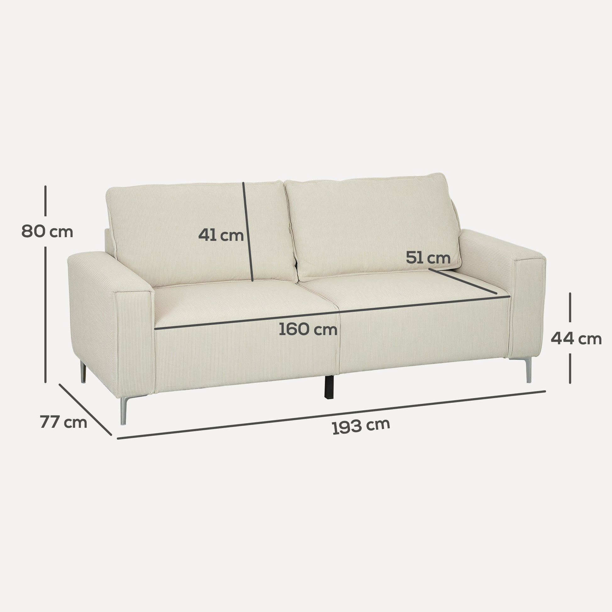 3-Seater Sofa, Couch with Armrests, Back Cushions, Living Room Sofa with Corduroy Upholstery, Spring Core, Thickly Padded Couch for Living Room, Bedroom 193 x 77 x 80 cm, Cream White