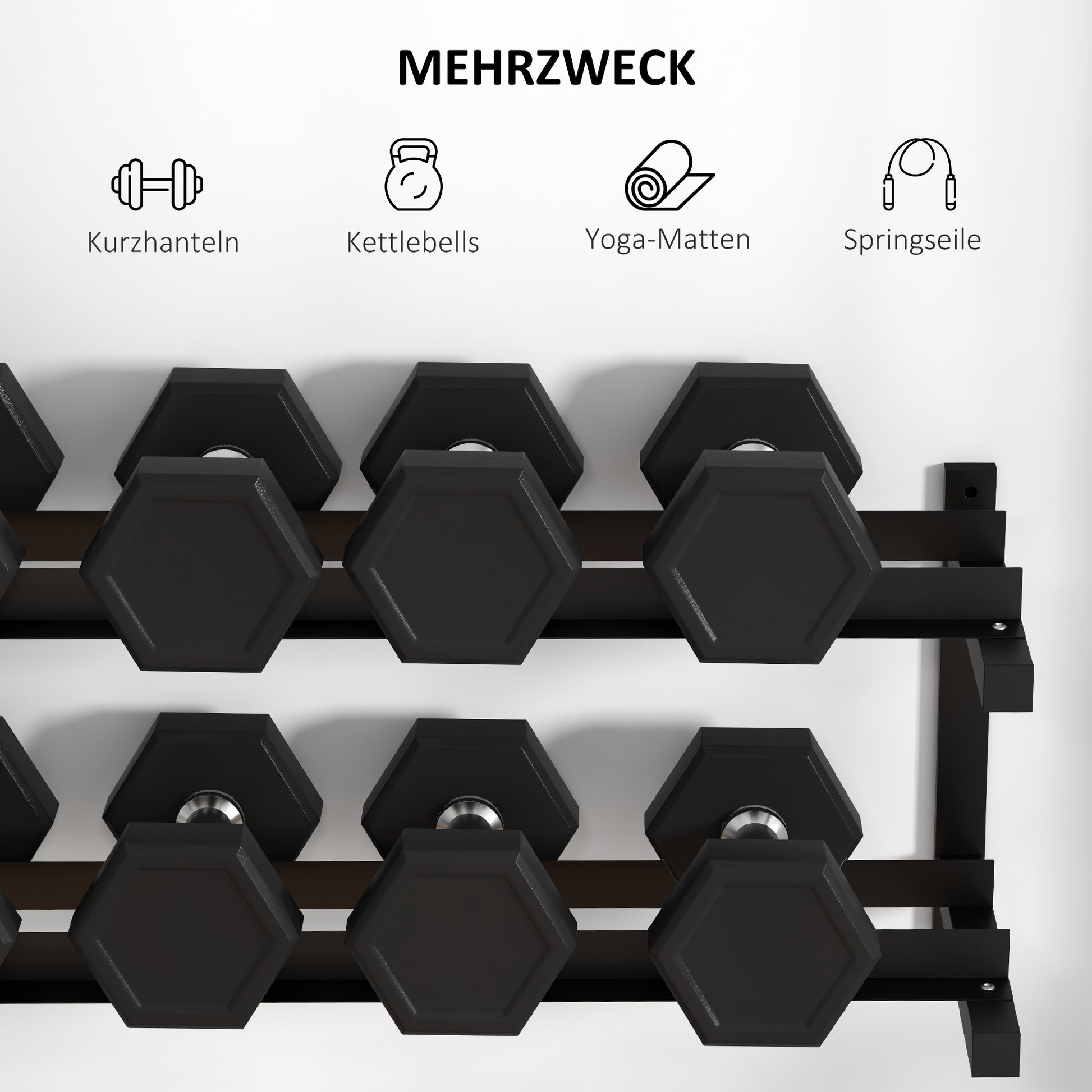SPORTNOW Dumbbell Rack Wall Mount Dumbbell Stand with 2 Shelves, Dumbbell Storage Rack, Weight Holder for Dumbbell, Kettlebell, Up to 70 kg Load, Steel, Black, 98 x 40 x 35cm