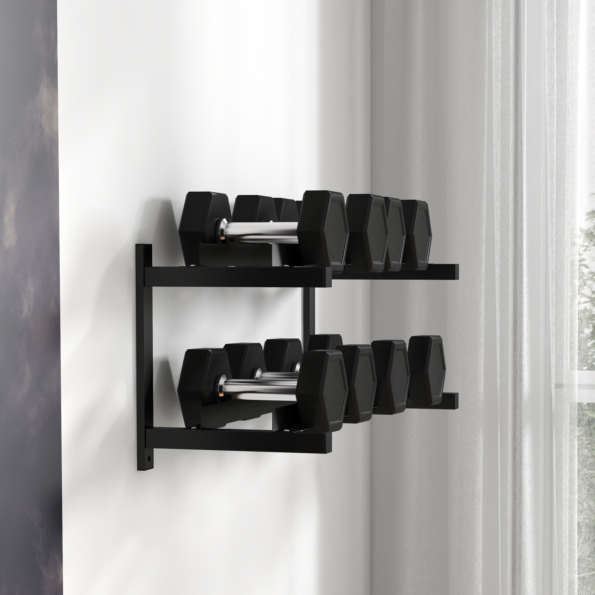SPORTNOW Dumbbell Rack Wall Mount Dumbbell Stand with 2 Shelves, Dumbbell Storage Rack, Weight Holder for Dumbbell, Kettlebell, Up to 70 kg Load, Steel, Black, 98 x 40 x 35cm