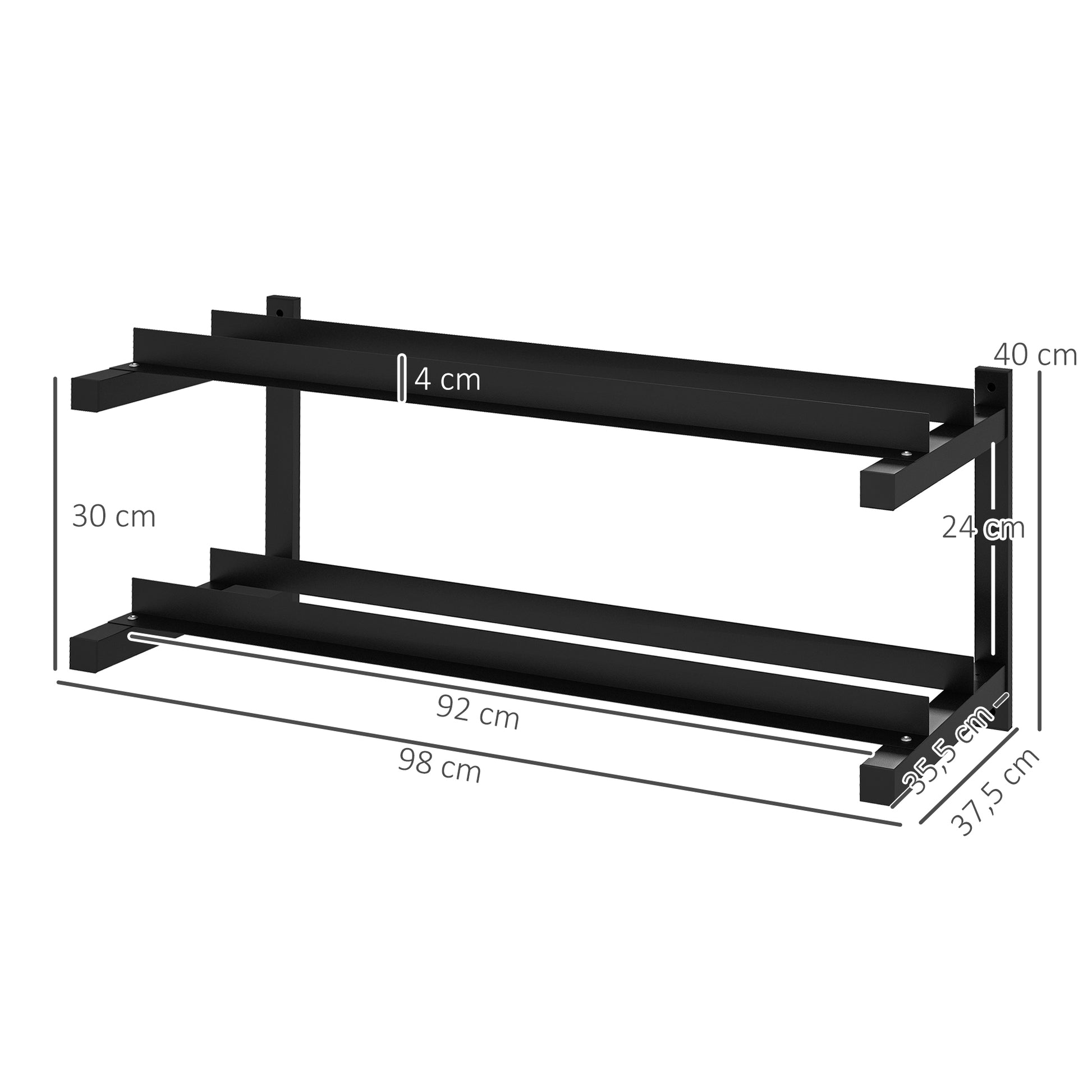 SPORTNOW Dumbbell Rack Wall Mount Dumbbell Stand with 2 Shelves, Dumbbell Storage Rack, Weight Holder for Dumbbell, Kettlebell, Up to 70 kg Load, Steel, Black, 98 x 40 x 35cm