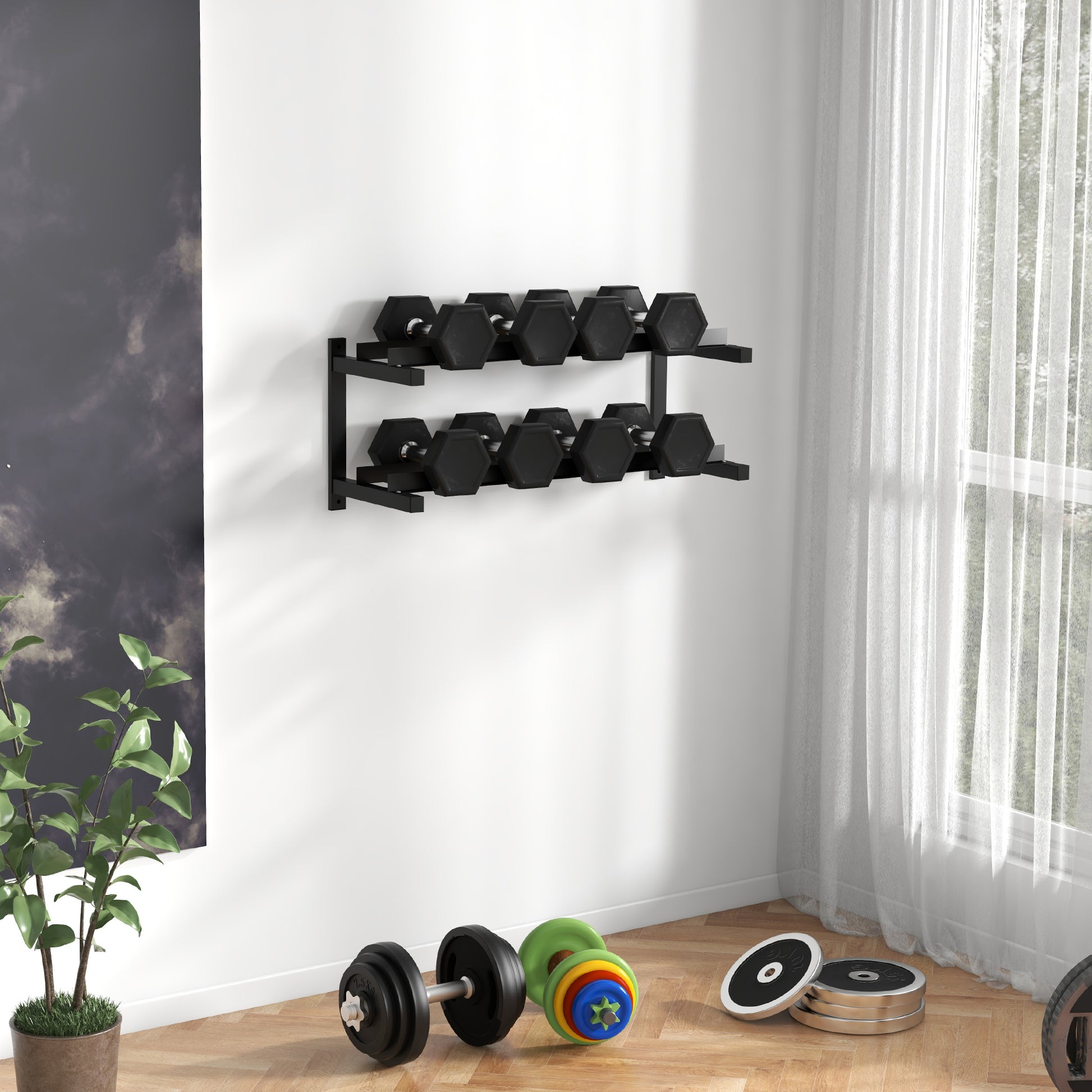 SPORTNOW Dumbbell Rack Wall Mount Dumbbell Stand with 2 Shelves, Dumbbell Storage Rack, Weight Holder for Dumbbell, Kettlebell, Up to 70 kg Load, Steel, Black, 98 x 40 x 35cm