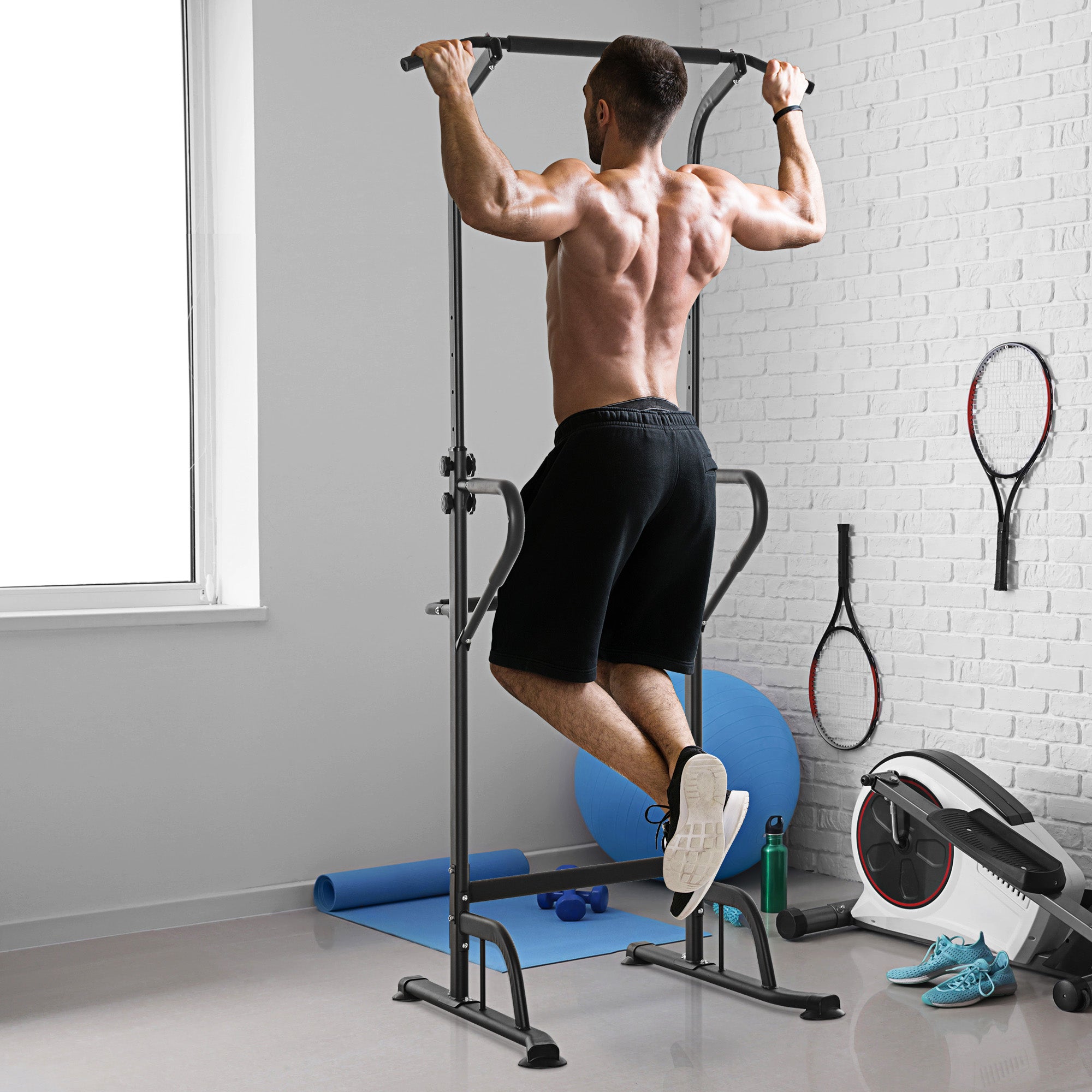 Multifunctional Weight Bench Pull-Up Bar Roman Chair Adjustable Height Black and Red Steel