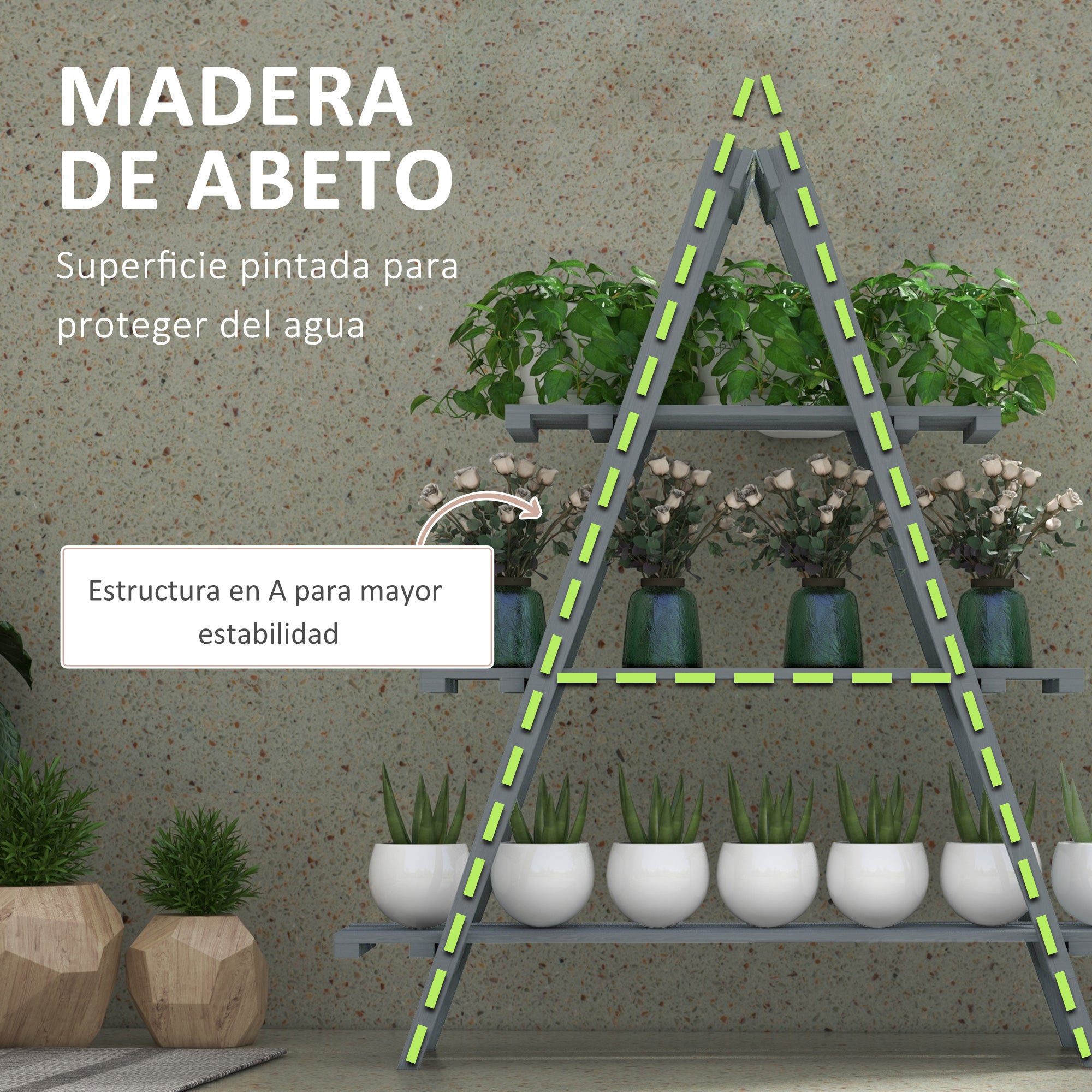 Foldable 3-Tier Wooden Plant Stand Pot Holder with A-Frame for Indoor Outdoor Living Room Garden Balcony 100x36x112 cm Gray