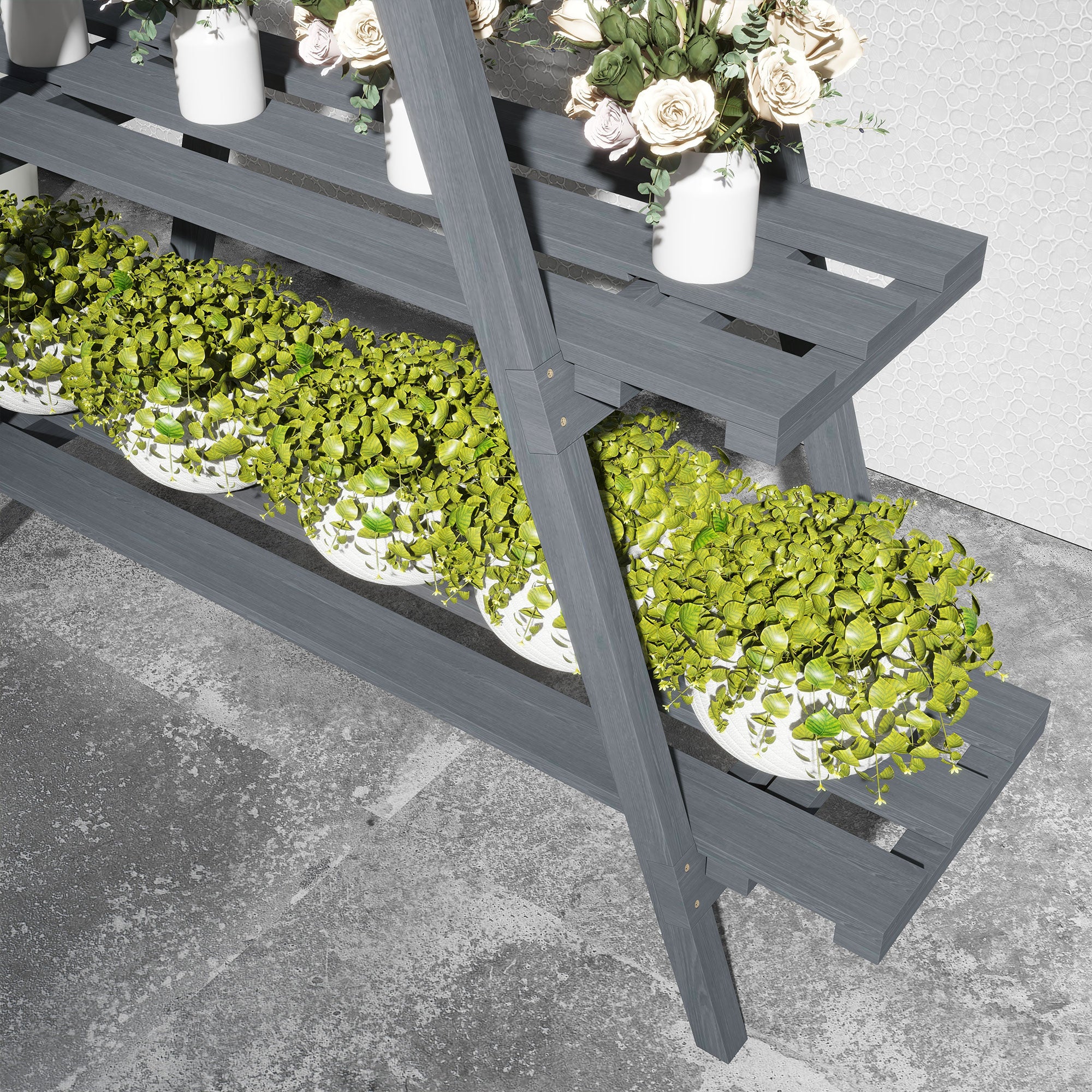 Foldable 3-Tier Wooden Plant Stand Pot Holder with A-Frame for Indoor Outdoor Living Room Garden Balcony 100x36x112 cm Gray