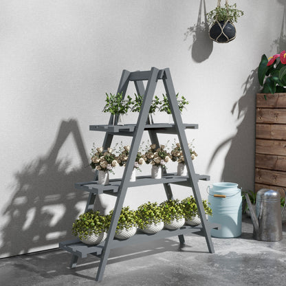 Foldable 3-Tier Wooden Plant Stand Pot Holder with A-Frame for Indoor Outdoor Living Room Garden Balcony 100x36x112 cm Gray