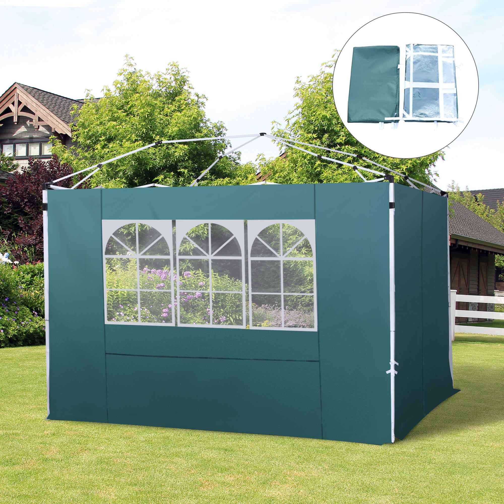 2 Side Walls for 3x3m Tent Gazebo Oxford Fabric with Window Total Measurements 300x200cm Dark Green