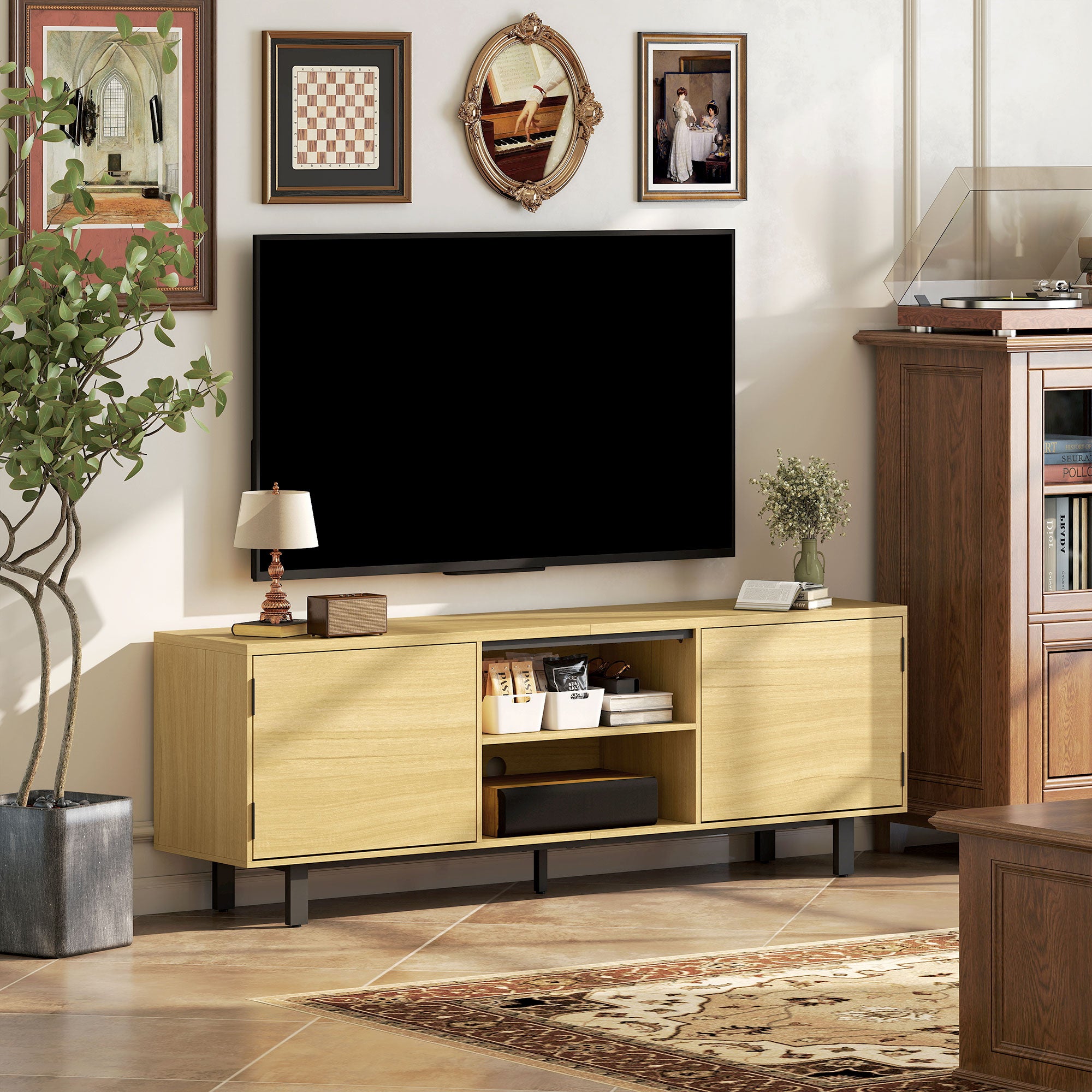63" TV Stand – Fits up to 65" TVs, 2 Push-to-Open Doors & 2 Open Shelves, Metal Legs, Natural Wood Finish