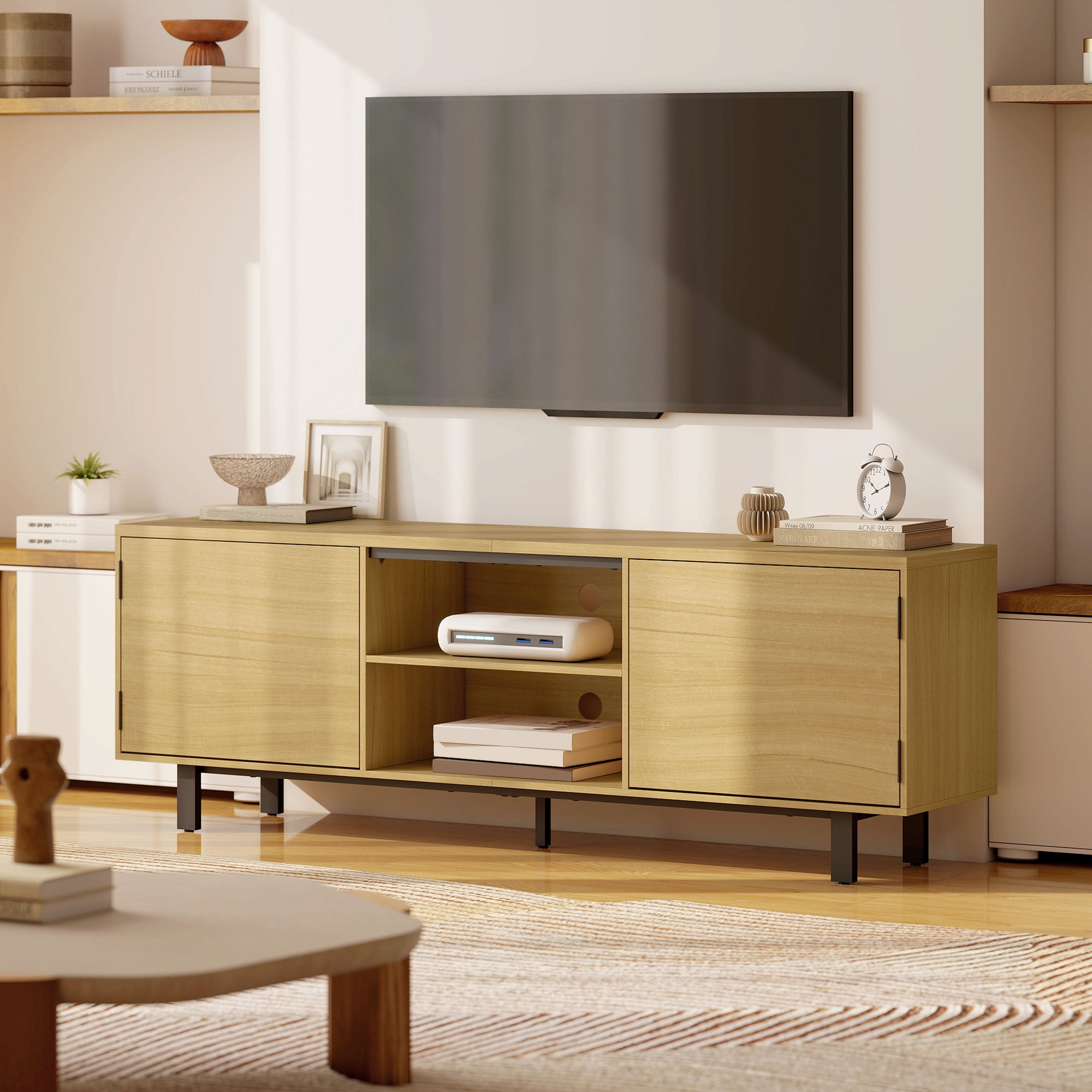 63" TV Stand – Fits up to 65" TVs, 2 Push-to-Open Doors & 2 Open Shelves, Metal Legs, Natural Wood Finish