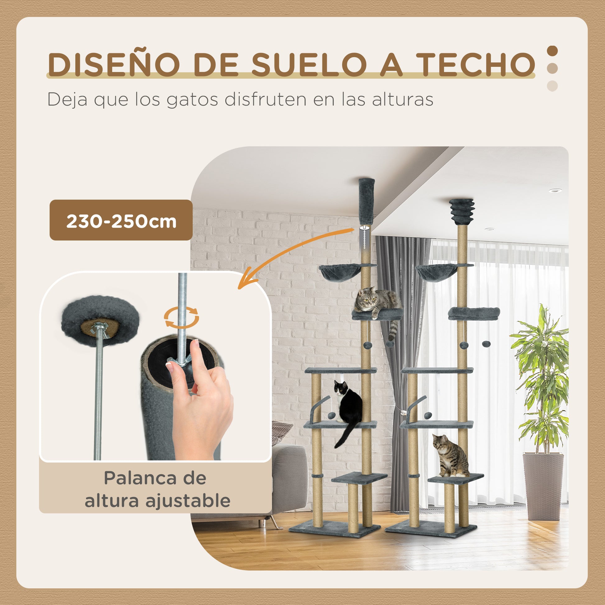 Floor-to-Ceiling Cat Tree 230-250cm Cat Scratching Tree with Adjustable Height Multiple Platforms Baskets Hammock Hanging Balls Gray