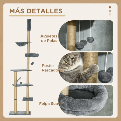 Floor-to-Ceiling Cat Tree 230-250cm Cat Scratching Tree with Adjustable Height Multiple Platforms Baskets Hammock Hanging Balls Gray