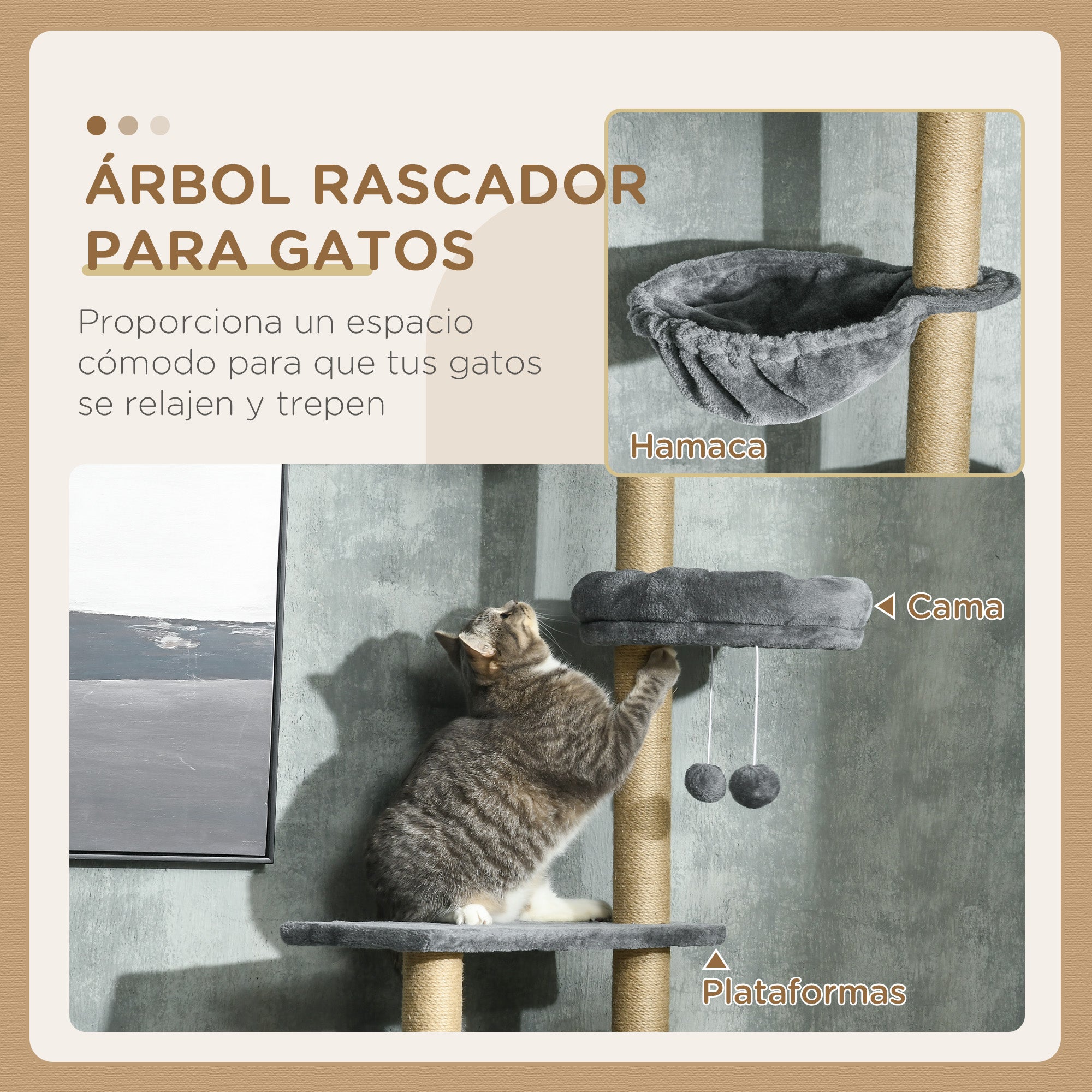 Floor-to-Ceiling Cat Tree 230-250cm Cat Scratching Tree with Adjustable Height Multiple Platforms Baskets Hammock Hanging Balls Gray