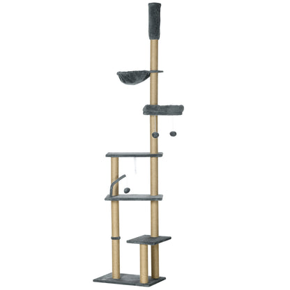 Floor-to-Ceiling Cat Tree 230-250cm Cat Scratching Tree with Adjustable Height Multiple Platforms Baskets Hammock Hanging Balls Gray