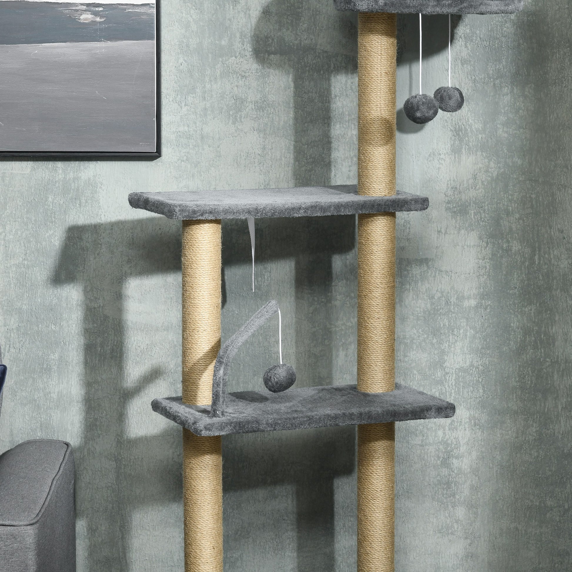 Floor-to-Ceiling Cat Tree 230-250cm Cat Scratching Tree with Adjustable Height Multiple Platforms Baskets Hammock Hanging Balls Gray