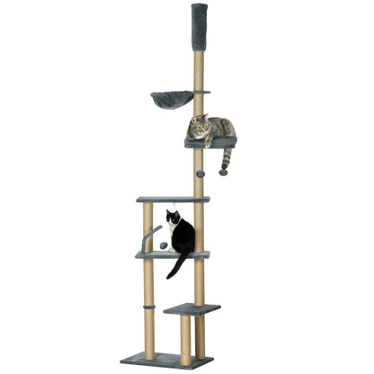 Floor-to-Ceiling Cat Tree 230-250cm Cat Scratching Tree with Adjustable Height Multiple Platforms Baskets Hammock Hanging Balls Gray