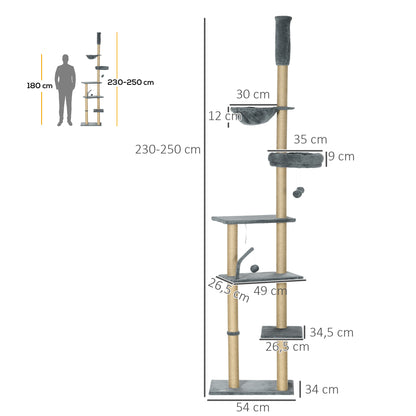 Floor-to-Ceiling Cat Tree 230-250cm Cat Scratching Tree with Adjustable Height Multiple Platforms Baskets Hammock Hanging Balls Gray