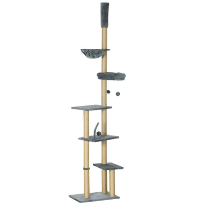 Floor-to-Ceiling Cat Tree 230-250cm Cat Scratching Tree with Adjustable Height Multiple Platforms Baskets Hammock Hanging Balls Gray