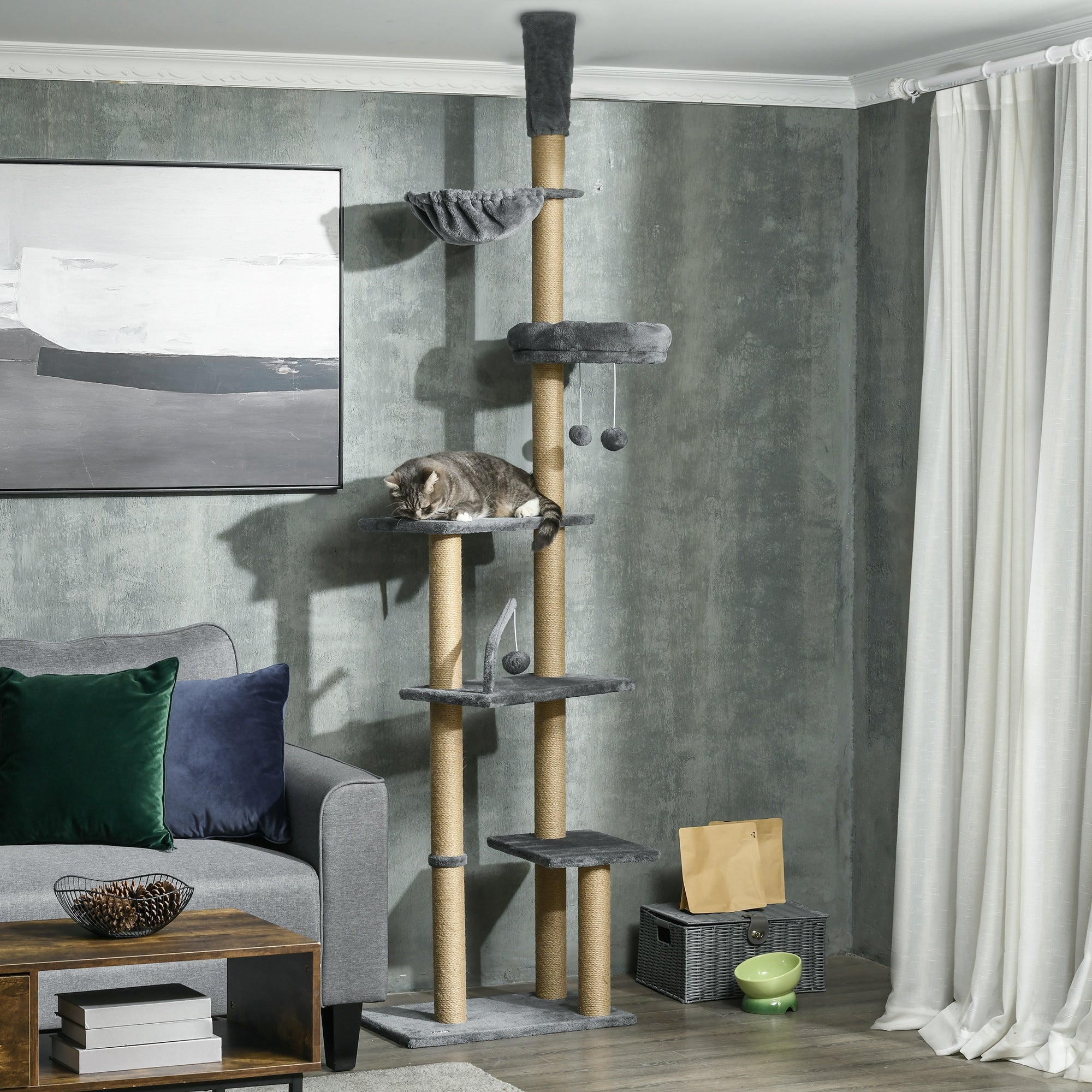 Floor-to-Ceiling Cat Tree 230-250cm Cat Scratching Tree with Adjustable Height Multiple Platforms Baskets Hammock Hanging Balls Gray