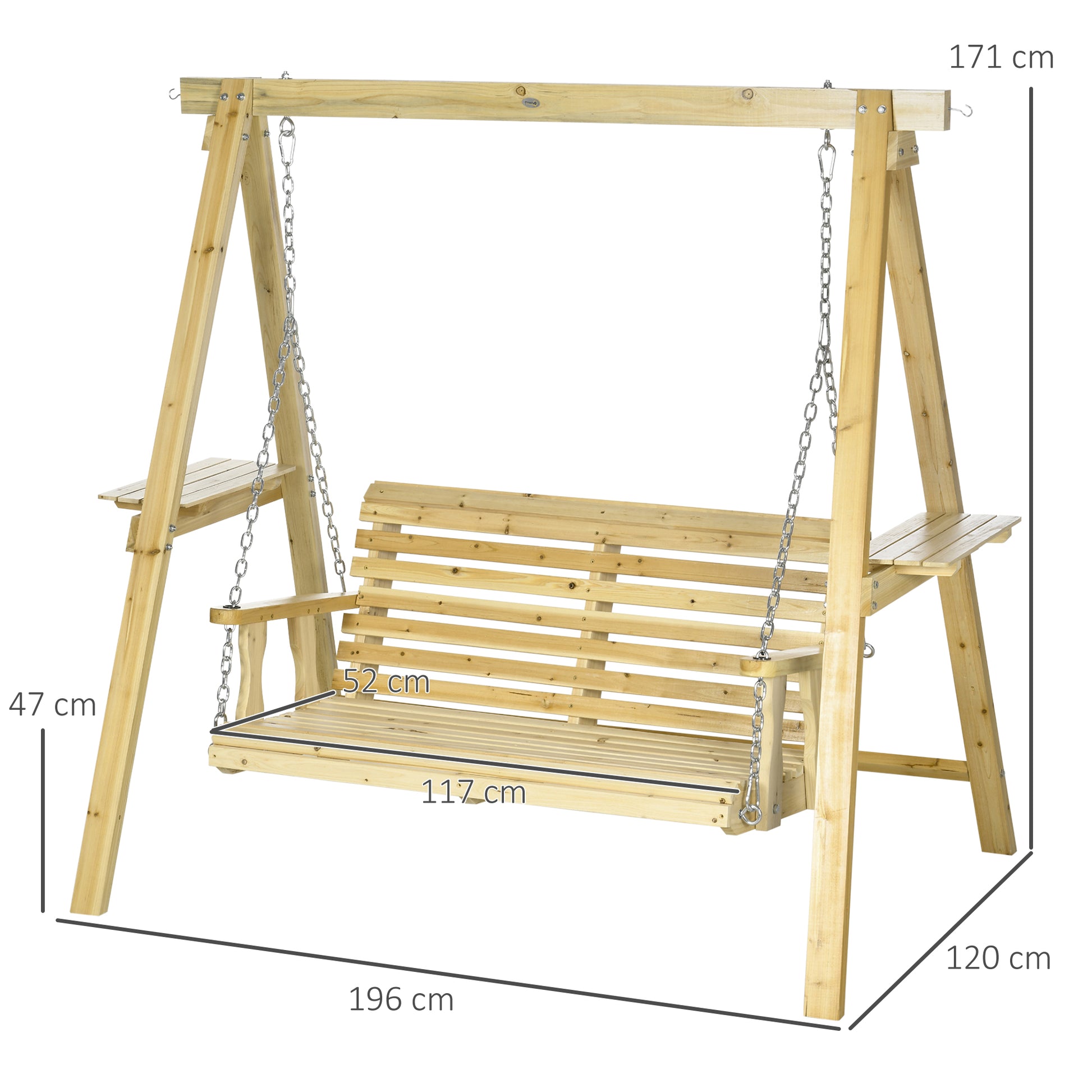 Height Adjustable 2-Seater Wooden Garden Swing - 190 x 120 x 171 cm