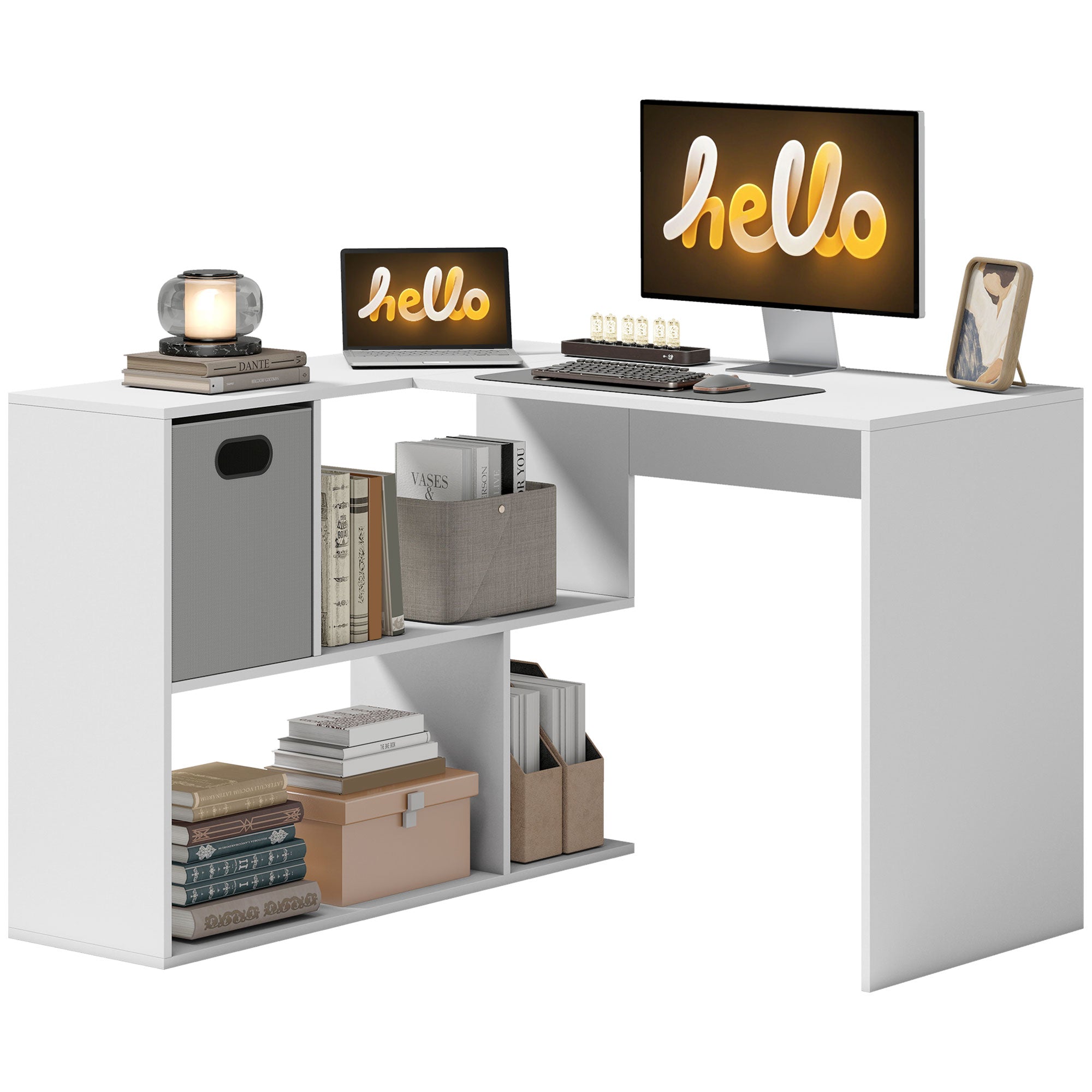 L-Shaped Corner Desk, 43.3 x 39.4 x 29.5 in — Computer Desk with Fabric Drawer & Open Shelves, White