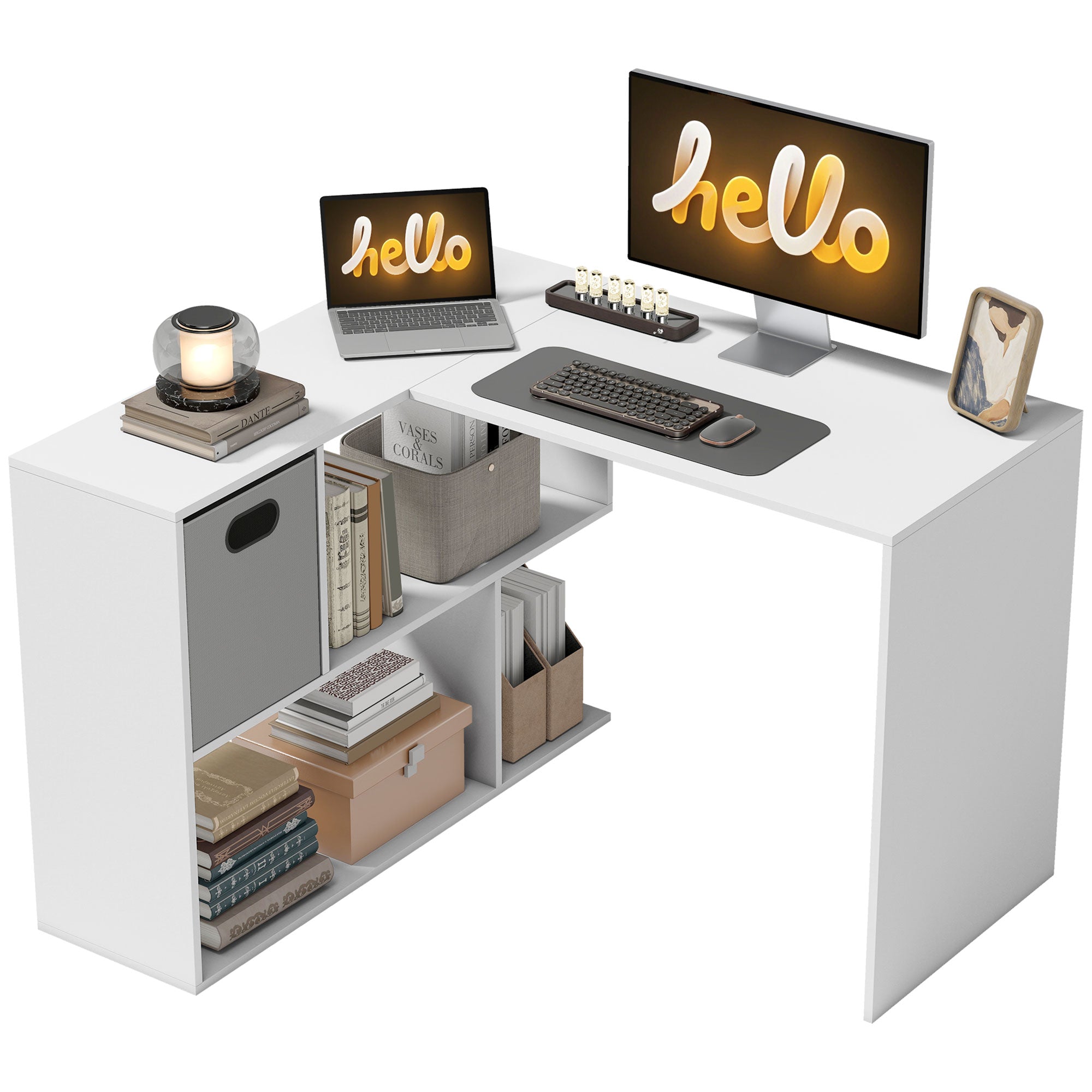 L-Shaped Corner Desk, 43.3 x 39.4 x 29.5 in — Computer Desk with Fabric Drawer & Open Shelves, White