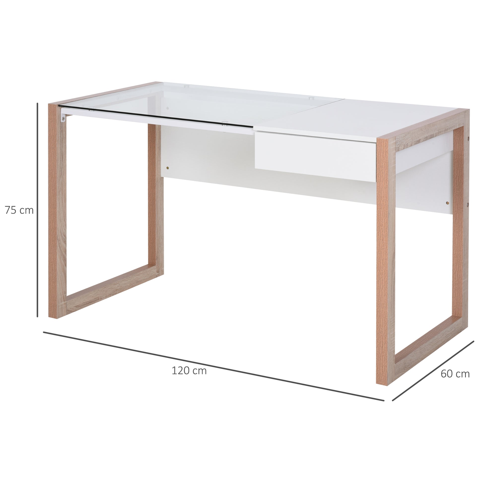 Computer Desk Writing Desk Modern Design with Tempered Glass Tabletop Drawer Combination of Styles for Office Study 120x60x75 cm White