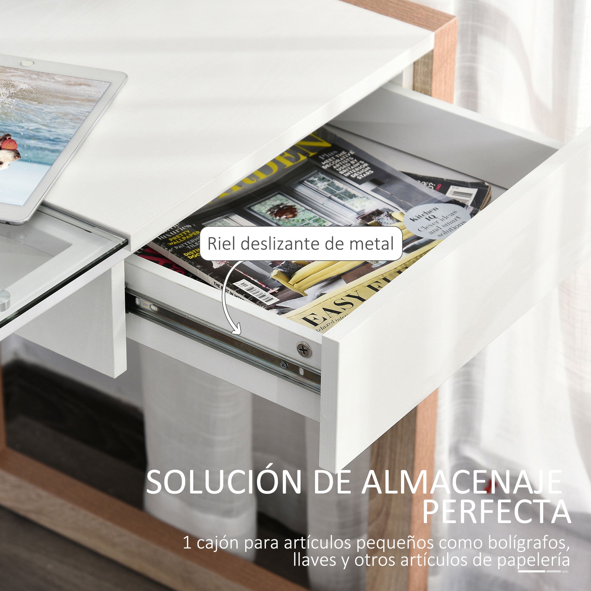 Computer Desk Writing Desk Modern Design with Tempered Glass Tabletop Drawer Combination of Styles for Office Study 120x60x75 cm White
