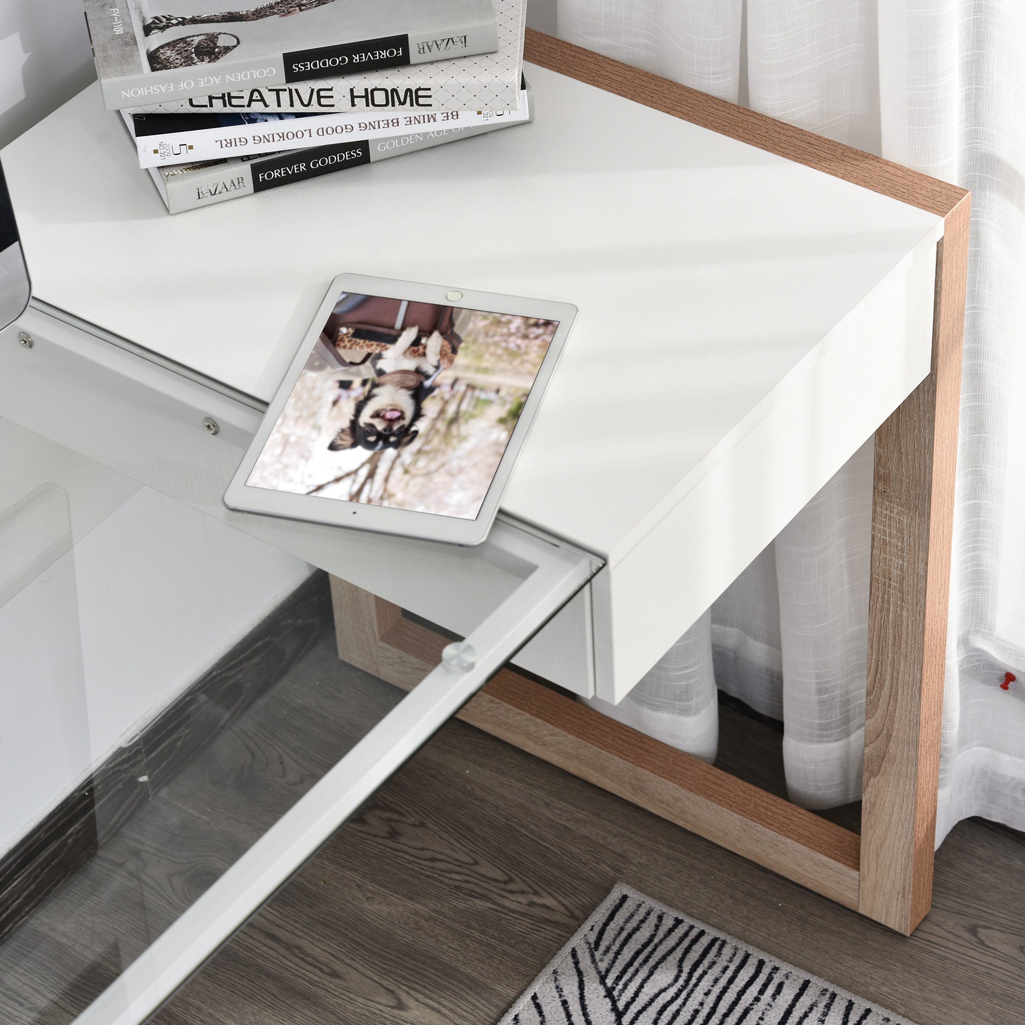 Computer Desk Writing Desk Modern Design with Tempered Glass Tabletop Drawer Combination of Styles for Office Study 120x60x75 cm White