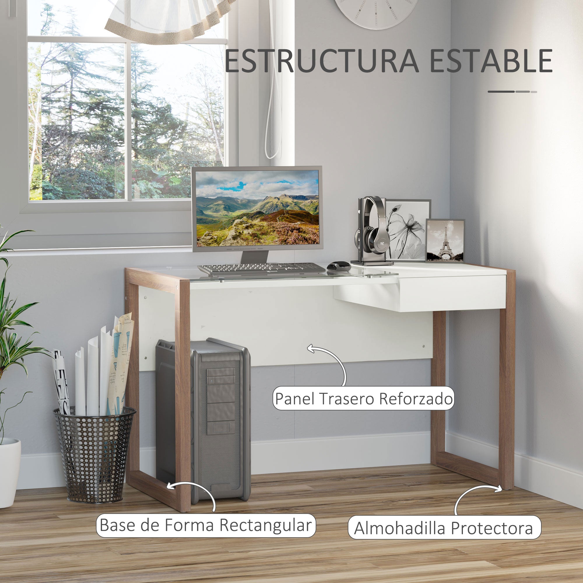 Computer Desk Writing Desk Modern Design with Tempered Glass Tabletop Drawer Combination of Styles for Office Study 120x60x75 cm White