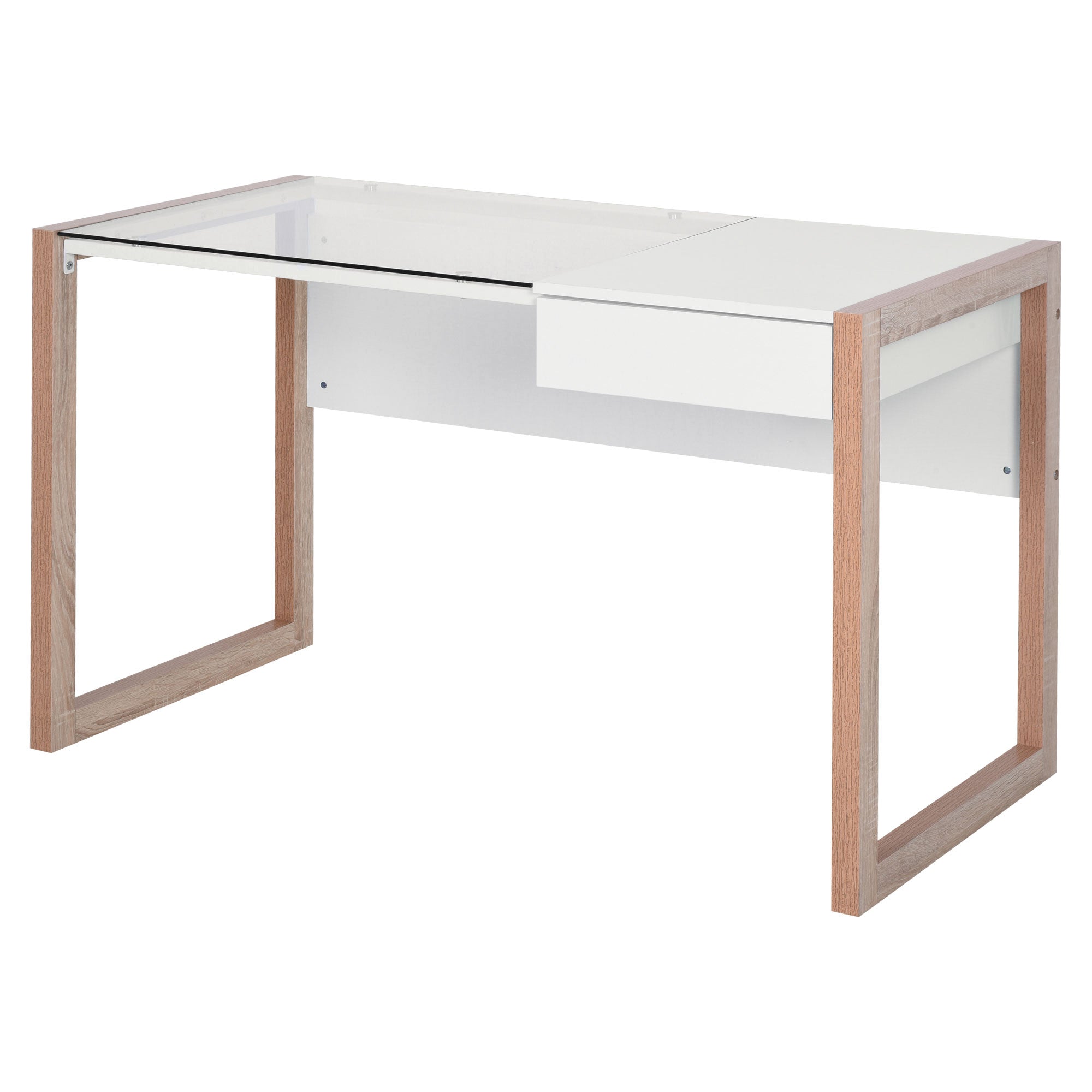 Computer Desk Writing Desk Modern Design with Tempered Glass Tabletop Drawer Combination of Styles for Office Study 120x60x75 cm White