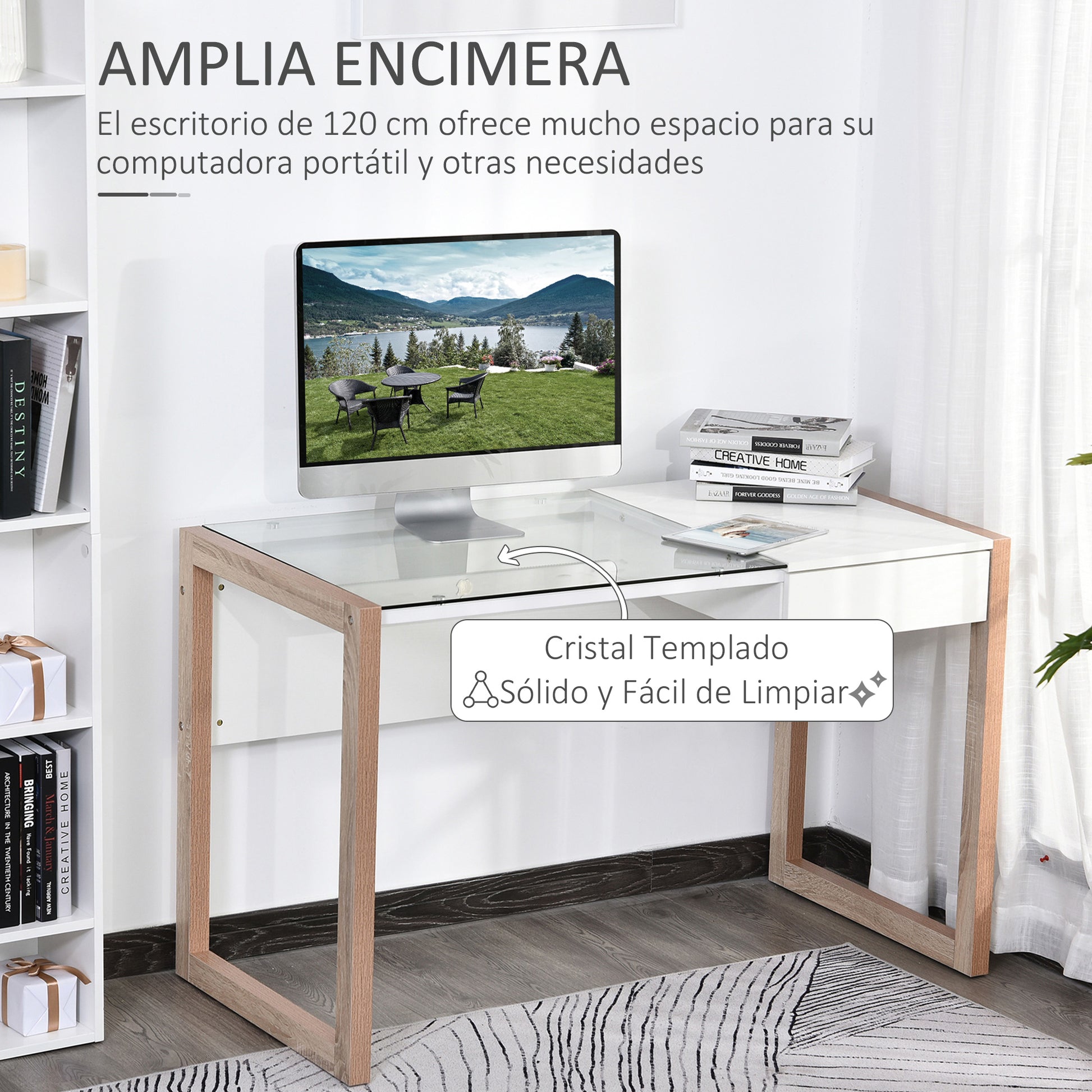 Computer Desk Writing Desk Modern Design with Tempered Glass Tabletop Drawer Combination of Styles for Office Study 120x60x75 cm White