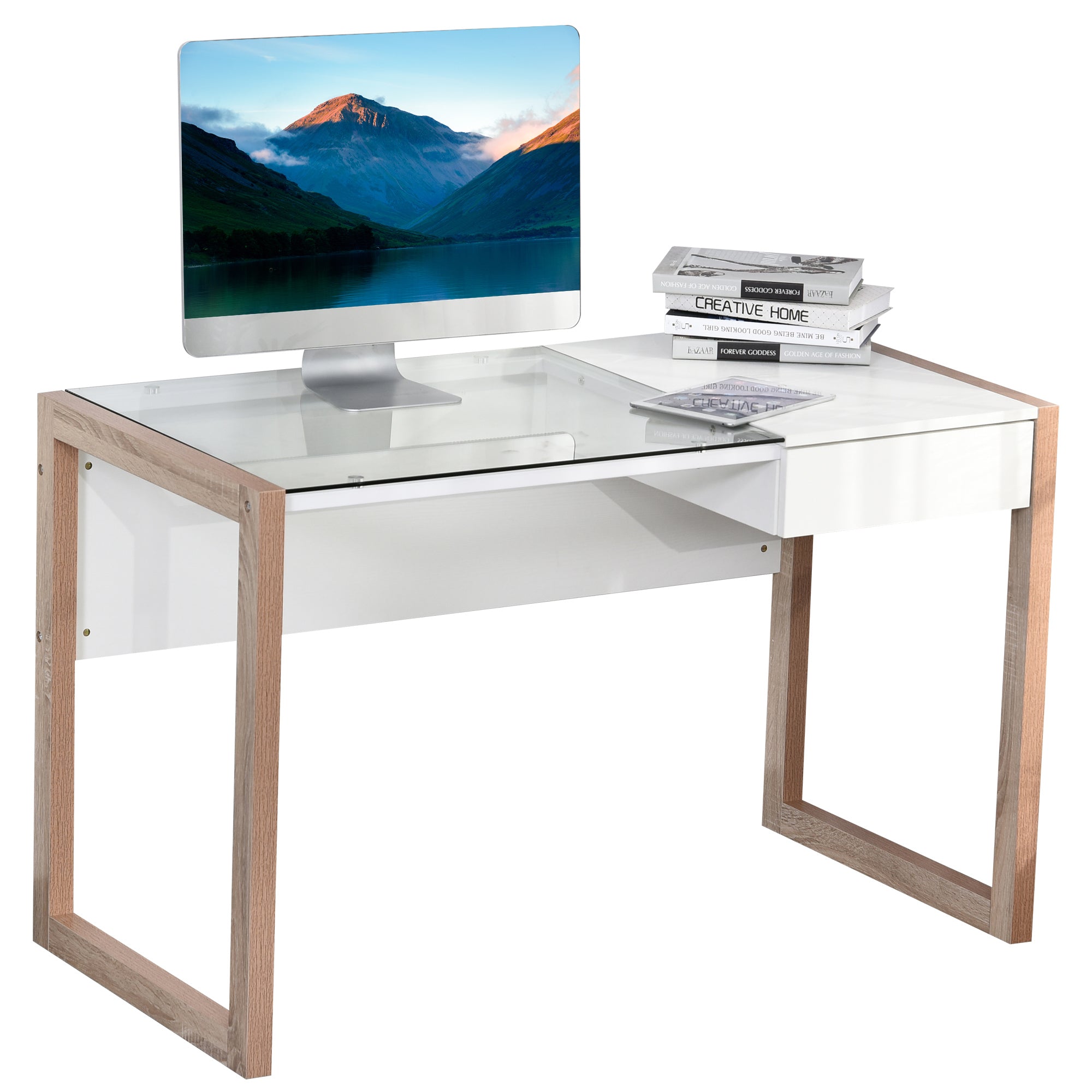 Computer Desk Writing Desk Modern Design with Tempered Glass Tabletop Drawer Combination of Styles for Office Study 120x60x75 cm White