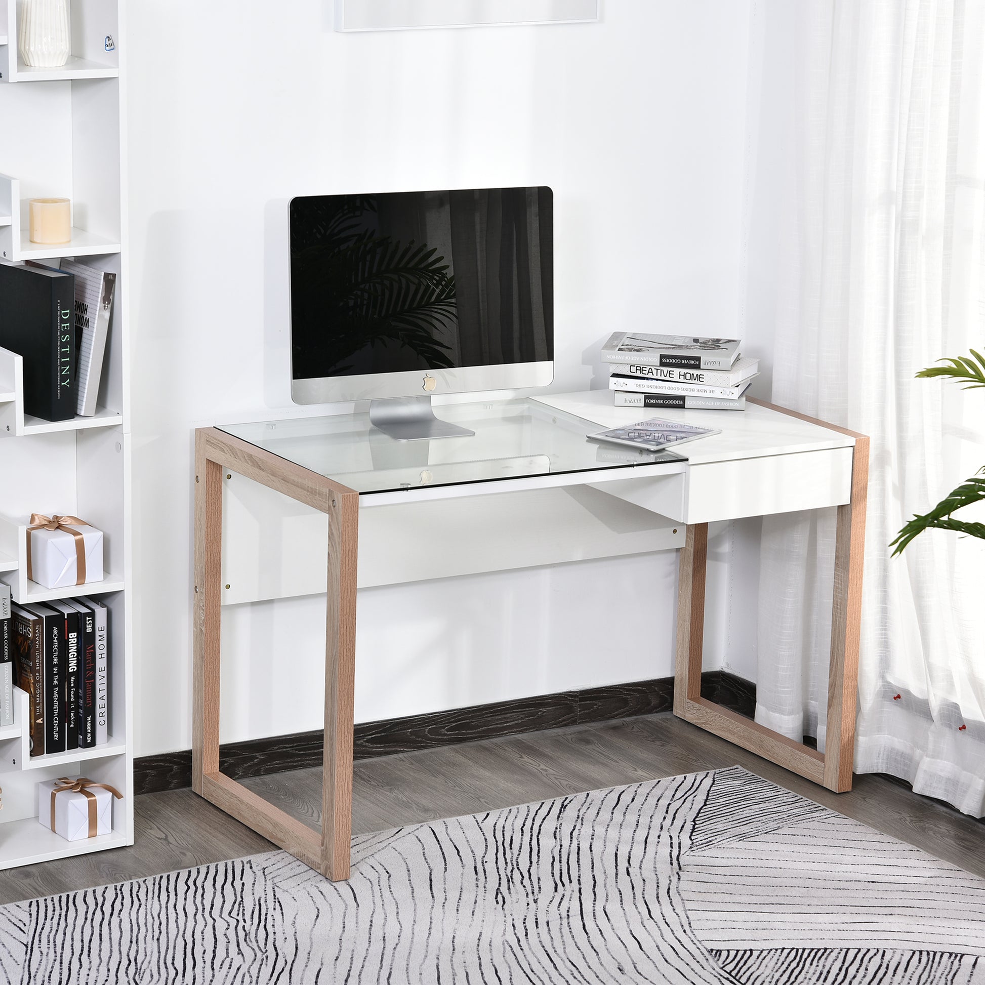 Computer Desk Writing Desk Modern Design with Tempered Glass Tabletop Drawer Combination of Styles for Office Study 120x60x75 cm White