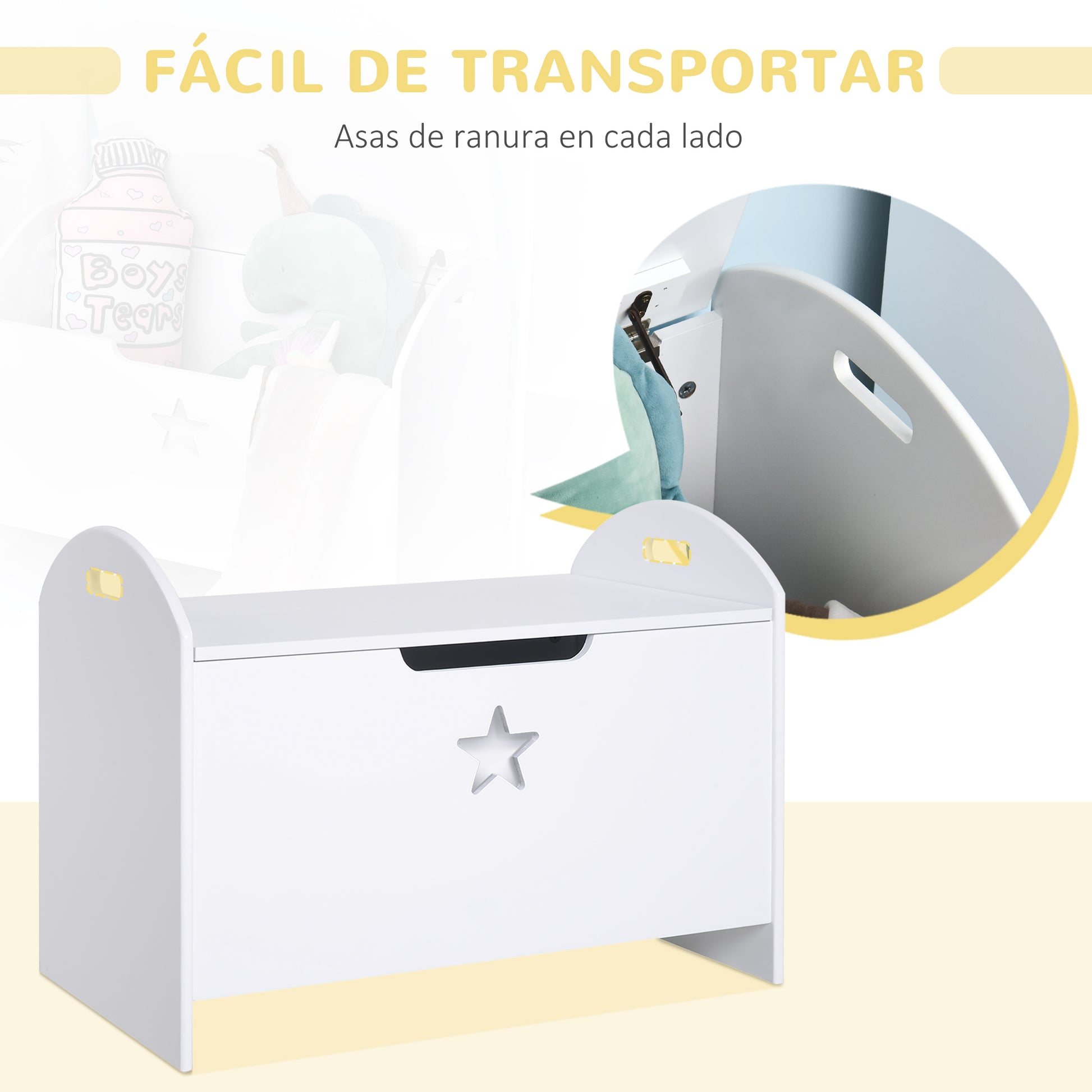 Children's Toy Storage Organizer Box Reversible Lid Design with Safety 62x40x46.5 cm Spacious Space Load 20 kg White
