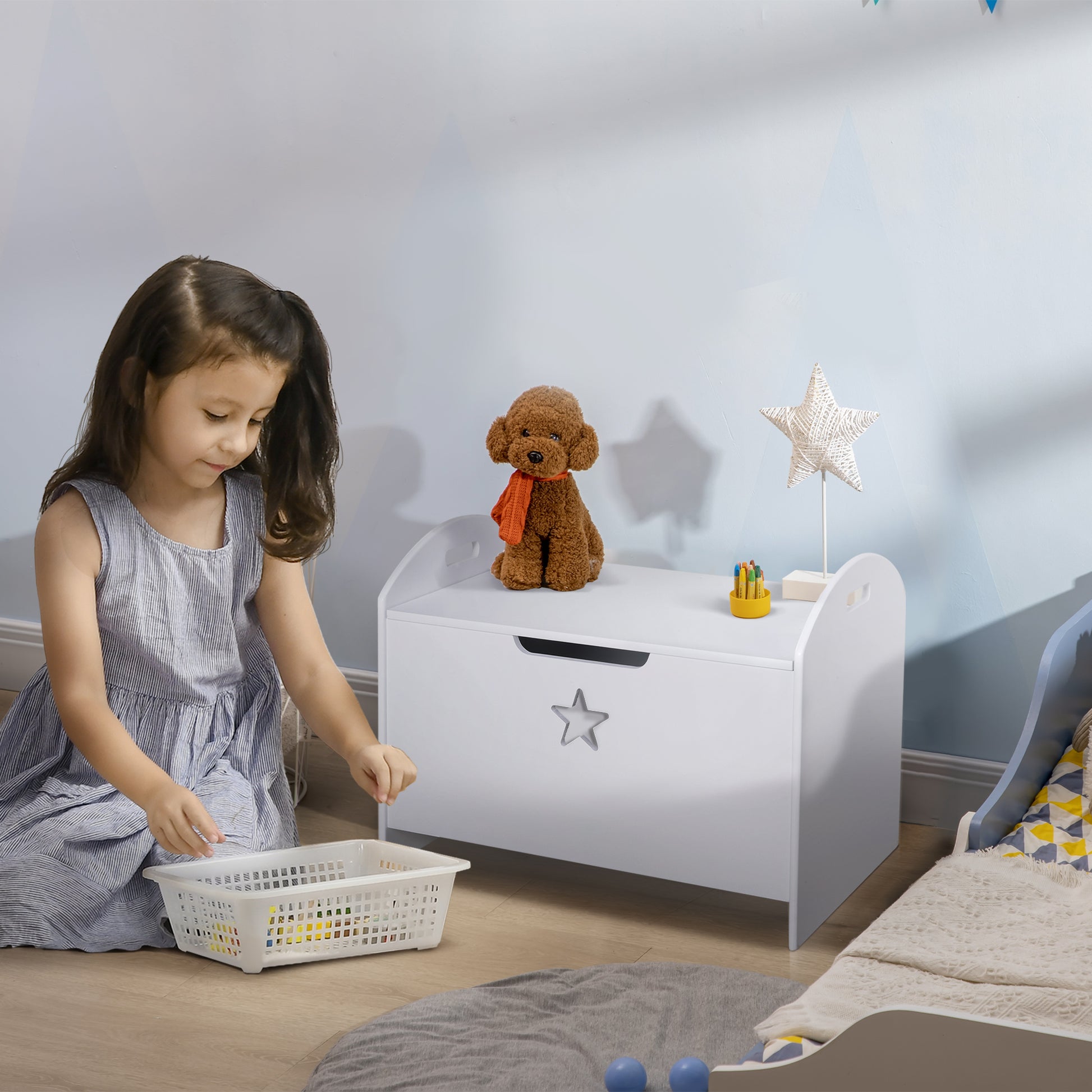Children's Toy Storage Organizer Box Reversible Lid Design with Safety 62x40x46.5 cm Spacious Space Load 20 kg White
