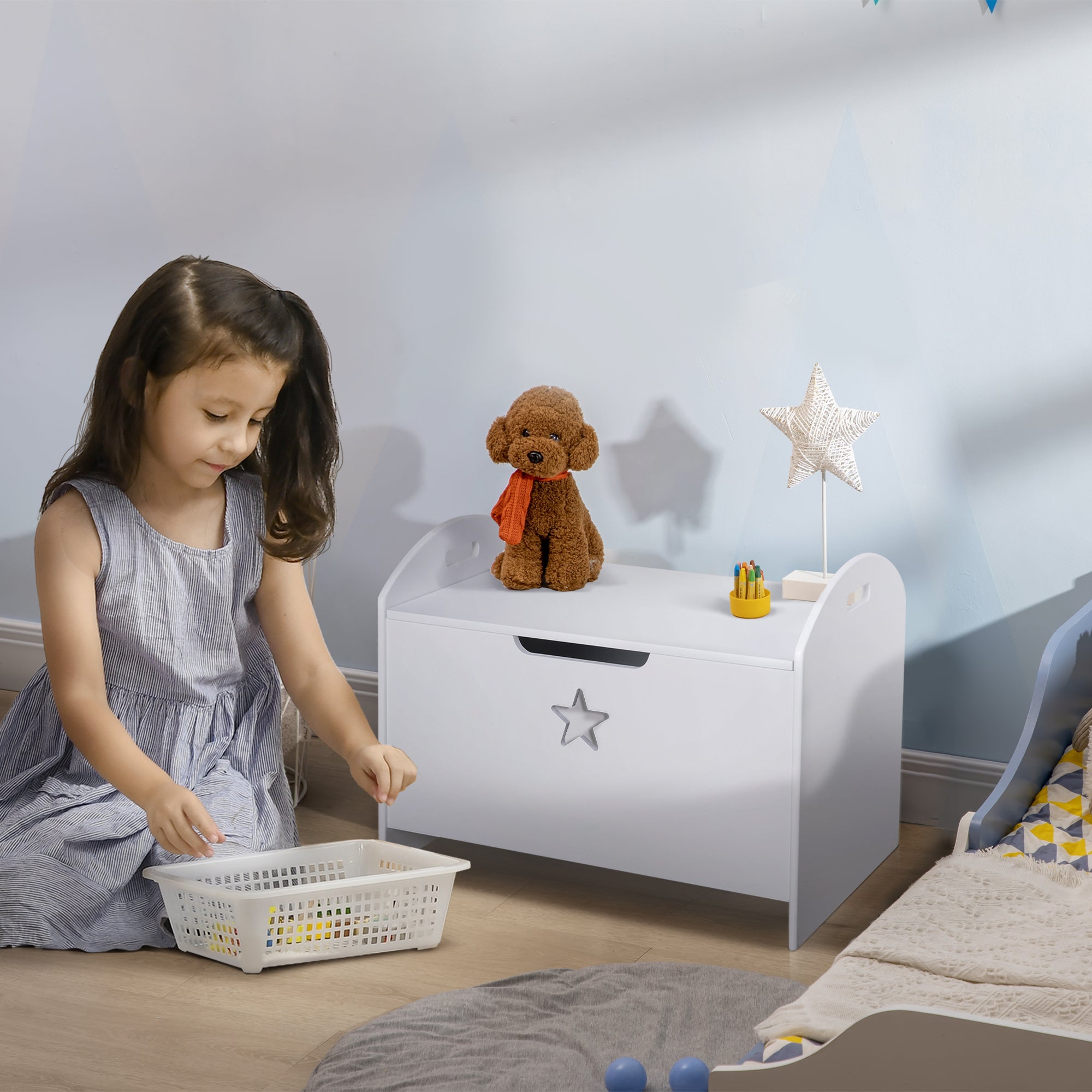 Children's Toy Storage Organizer Box Reversible Lid Design with Safety 62x40x46.5 cm Spacious Space Load 20 kg White