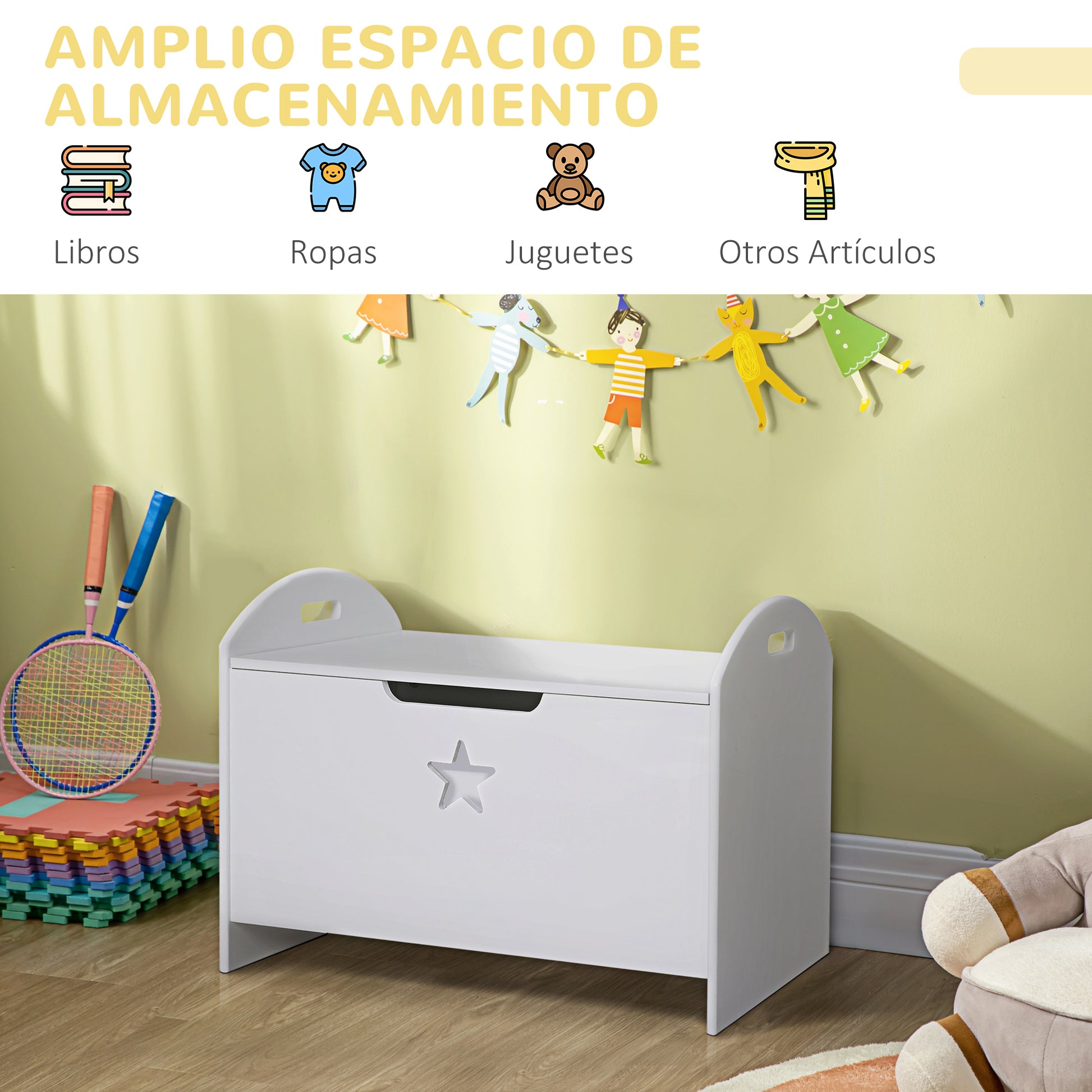Children's Toy Storage Organizer Box Reversible Lid Design with Safety 62x40x46.5 cm Spacious Space Load 20 kg White