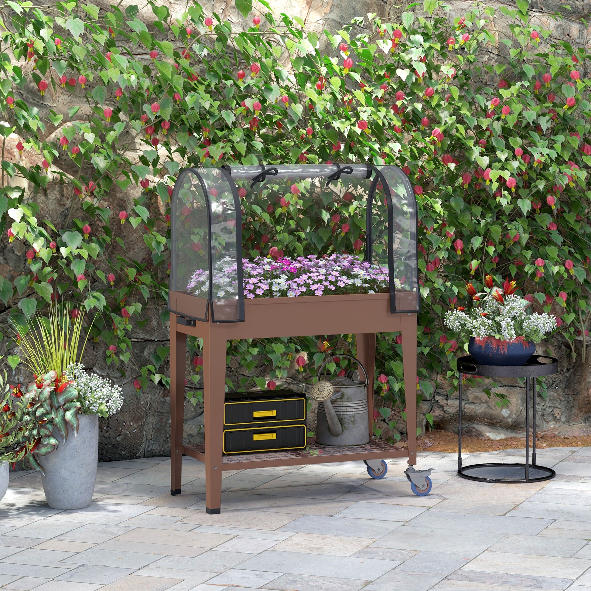 Raised Garden Bed with Wheels 80x40x120 cm Elevated Urban Garden with Greenhouse Cover and Bottom Shelf for Cultivating Plants Flowers Vegetables Brown