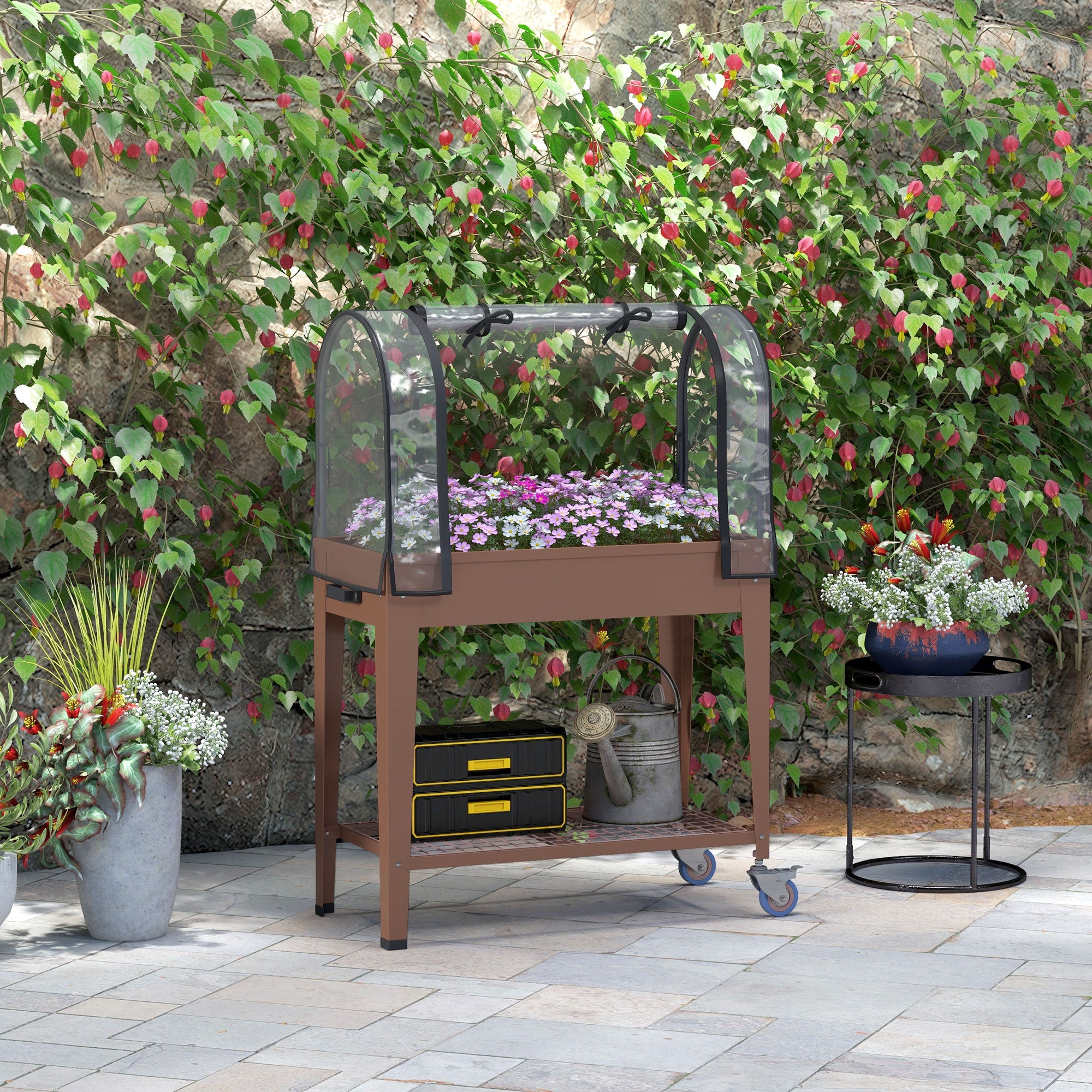 Raised Garden Bed with Wheels 80x40x120 cm Elevated Urban Garden with Greenhouse Cover and Bottom Shelf for Cultivating Plants Flowers Vegetables Brown