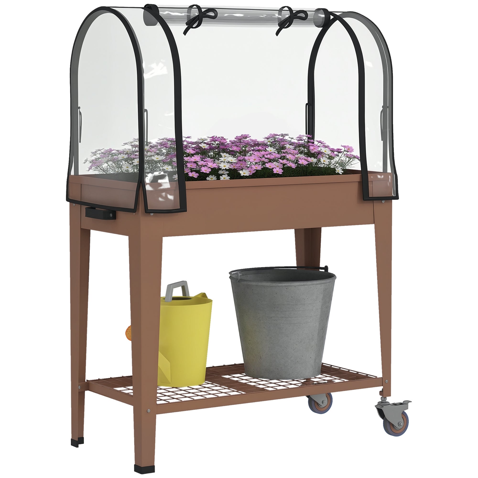 Raised Garden Bed with Wheels 80x40x120 cm Elevated Urban Garden with Greenhouse Cover and Bottom Shelf for Cultivating Plants Flowers Vegetables Brown