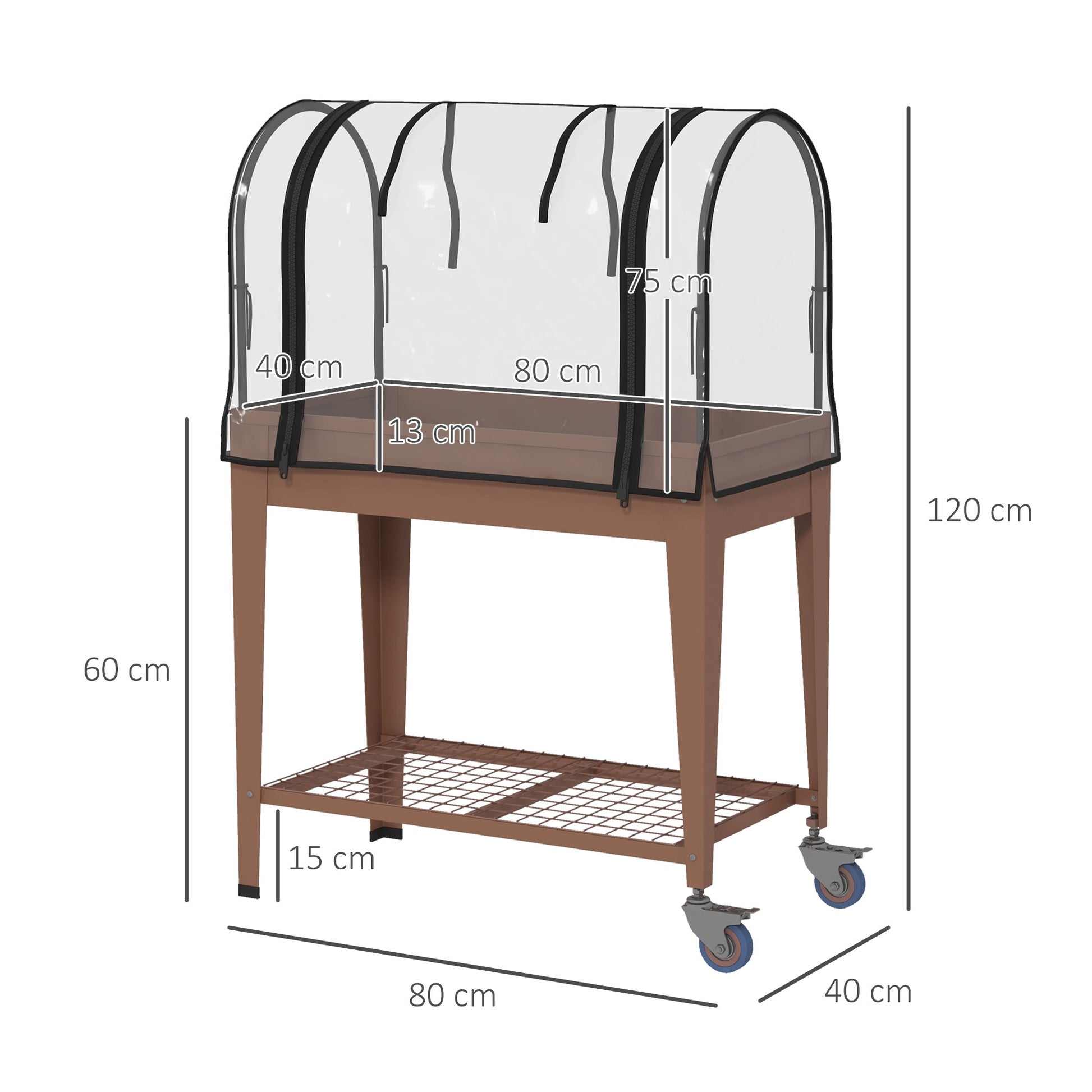 Raised Garden Bed with Wheels 80x40x120 cm Elevated Urban Garden with Greenhouse Cover and Bottom Shelf for Cultivating Plants Flowers Vegetables Brown