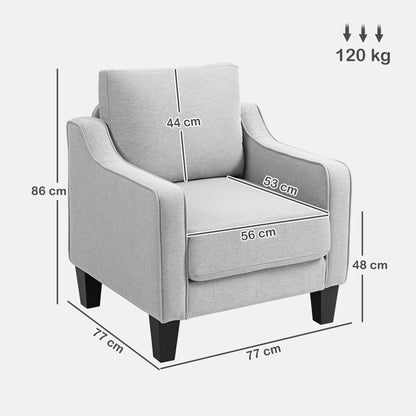 Modern Living Room Armchair, Bedroom Armchair in Fabric with Armrests, Thick Padding and Pocket Springs, for Home, Office, and Study, 77x77x86 cm, Light Gray
