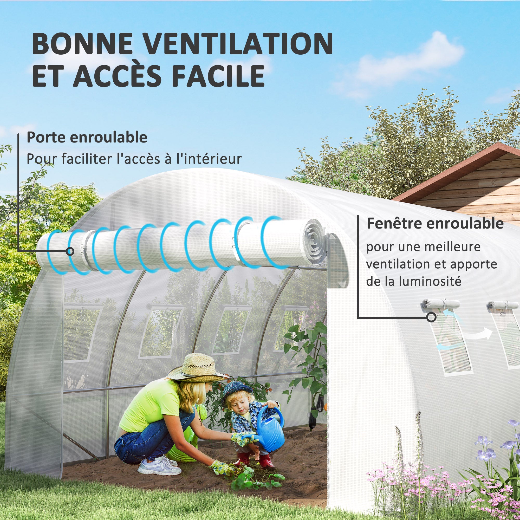 Replacement Cover Garden Tunnel Greenhouse 12 sqm, cover 4 x 3 x 2 m PE Anti-UV waterproof 8 windows + Zip Roll-Up Door White