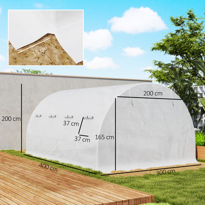 Replacement Cover Garden Tunnel Greenhouse 12 sqm, cover 4 x 3 x 2 m PE Anti-UV waterproof 8 windows + Zip Roll-Up Door White